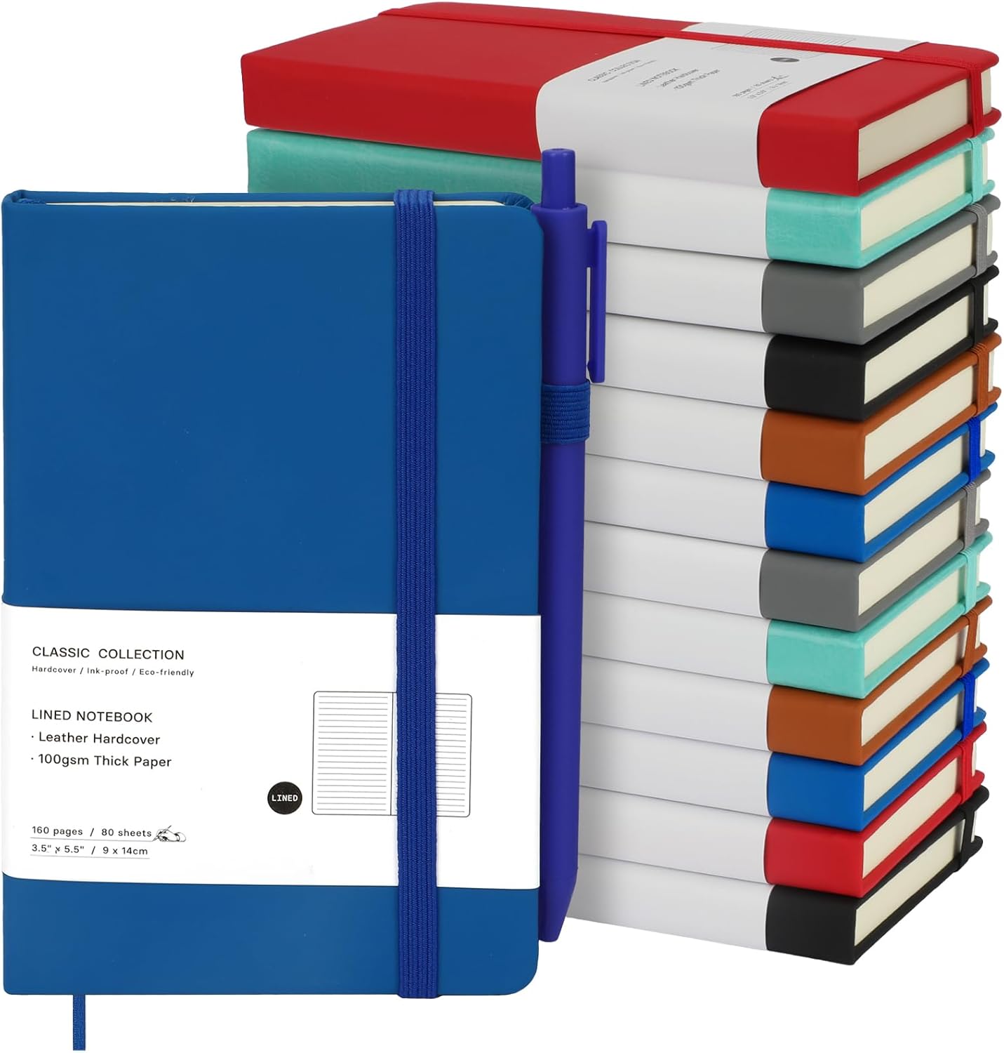Coopay 12 Pack A6 Pocket Small Notebook with 12 Pens Bulk Classic Hardcover Leather Journal Set with Pen Holder for Men Women Writing, Office, Home, School, Business, 100GSM, 3.5” x 5.5”, Multicolor