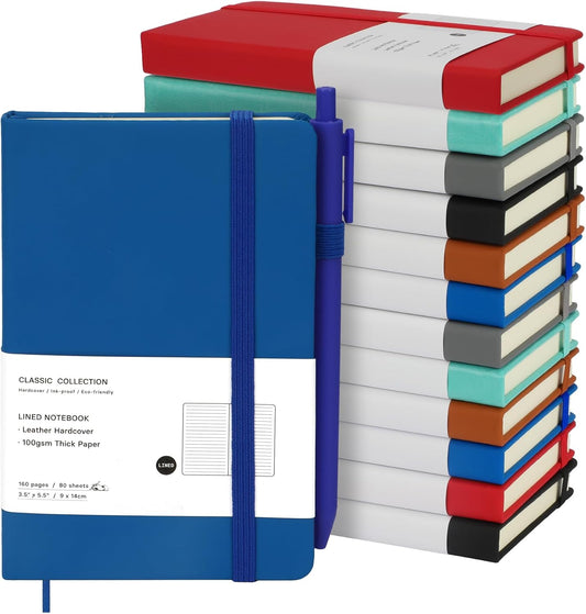 Coopay 12 Pack A6 Pocket Small Notebook with 12 Pens Bulk Classic Hardcover Leather Journal Set with Pen Holder for Men Women Writing, Office, Home, School, Business, 100GSM, 3.5” x 5.5”, Multicolor