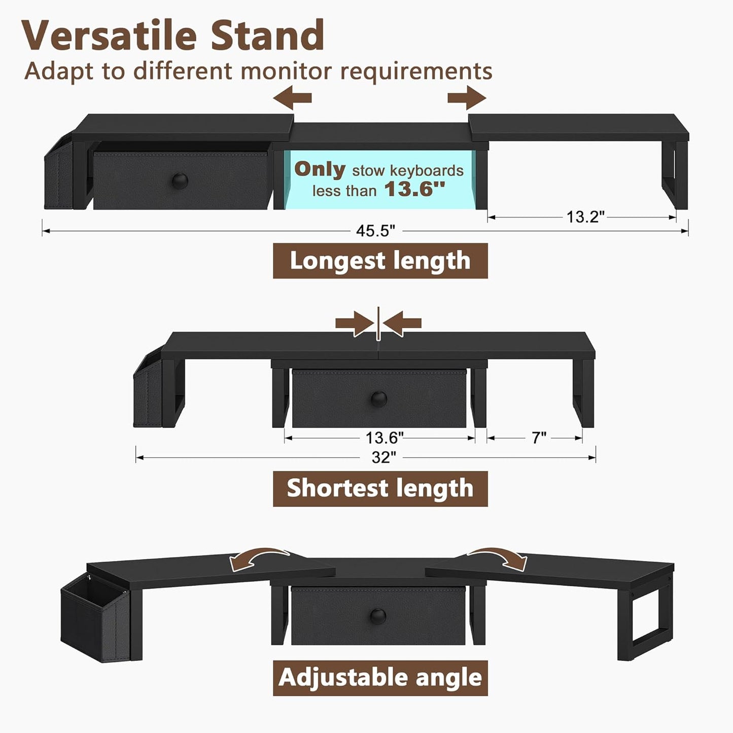 LAND·VOI Heavy Duty Dual Monitor Stand, Holds 2 Screens Up to 27 Inches, Adjustable Length and Angle Monitor Riser, Desk Organizer with Side Pockets and Drawers, Home Office Desk Storage, Black