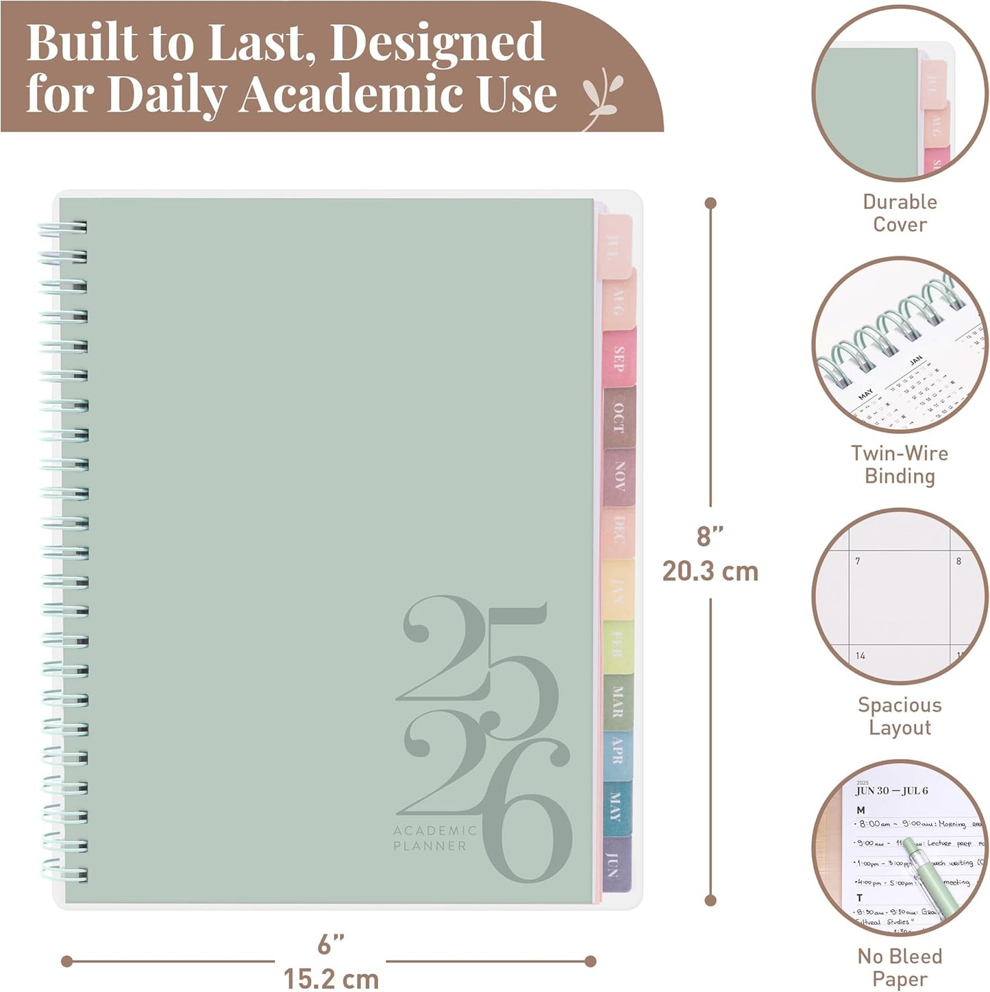 Rileys Academic Planner 2025-2026, Daily, Weekly & Monthly Planner, July 2025 - June 2026, Student Notes Pages, Twin-Wire Binding, Weekly Agenda for School & Work (8 x 6-Inches, Green, Classic)