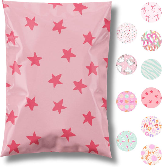 10x13 Designer Poly Mailer 100 Pack Heavy Duty Waterproof Self Seal Shipping Bags for Small Business Large Mailing Envelopes Bulk Tear Resistant Cute Packaging Seeing Stars Pink