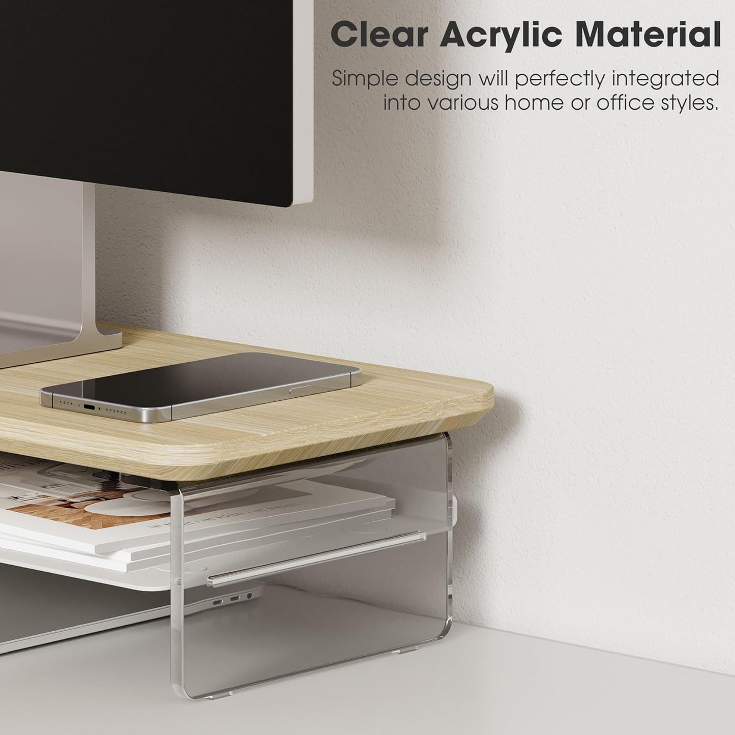 Fenge Acrylic Monitor Stand Riser, 23.6 Inches Monitor Stand with Metal Storage, 2 Tier Acrylic Computer Riser for Desk, Clear Laptop Stand for PC, Laptop, Printer, TV