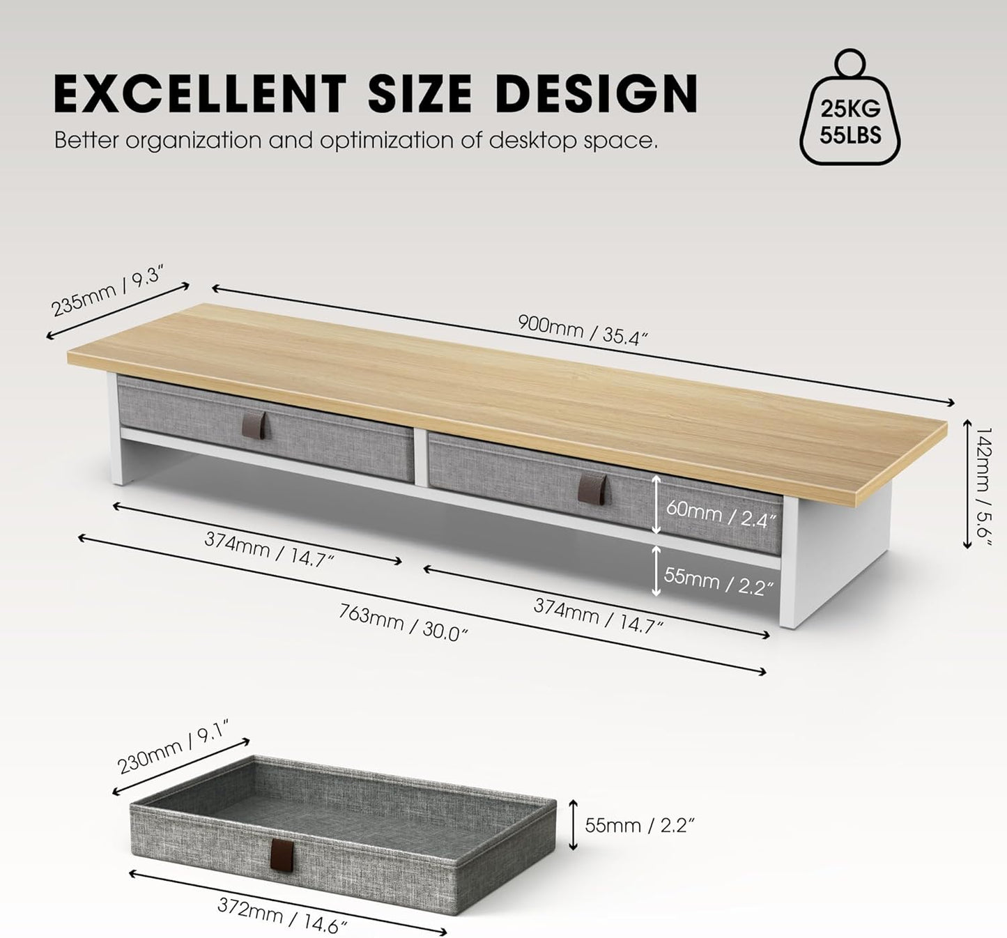 Fenge Monitor Stand with Drawer, 2 Tiers Dual Monitor Riser for Desk, 35 Inch Computer Stand for 2 Monitors, Desk Shelf for Home, Office, Laptop, PC, TV, Printer
