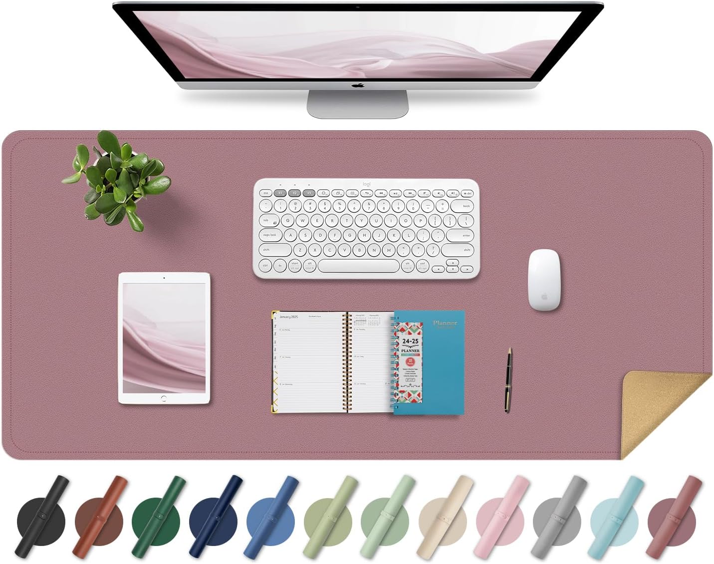 Large Desk Pad 35.4" x 17", Non-Slip Desk Mat with PU Leather & Natural Cork, Waterproof Writing Desk Natural Cork, Computer Mat Desk Protector for Office Home, Purple Pink