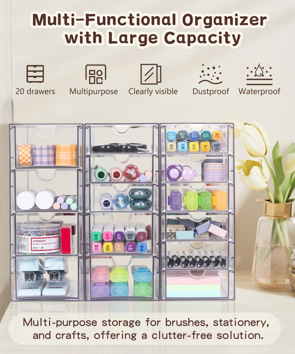 Clear Acrylic Organizer with Drawers | 15-Drawer Desktop Unit | Makeup & Desk Organization and Storage Box for Office, Craft, Vanity Table, Bathroom, Home Essentials