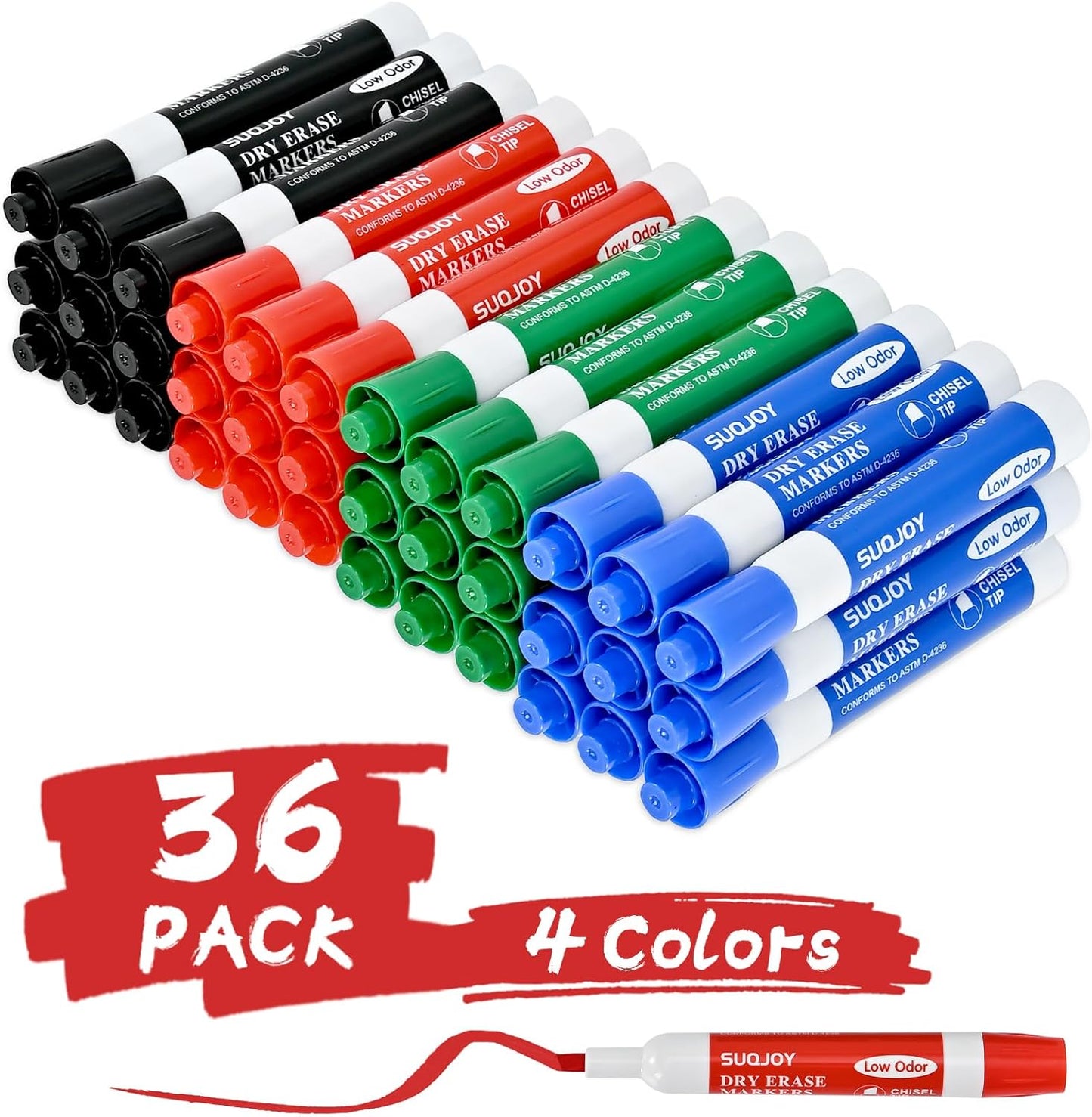 Dry Erase Markers, Chisel Tip Whiteboard Marker, Low Odor Thick Dry Markers, 36 Bulk 4 Assorted Color Markers for Kids/Teacher