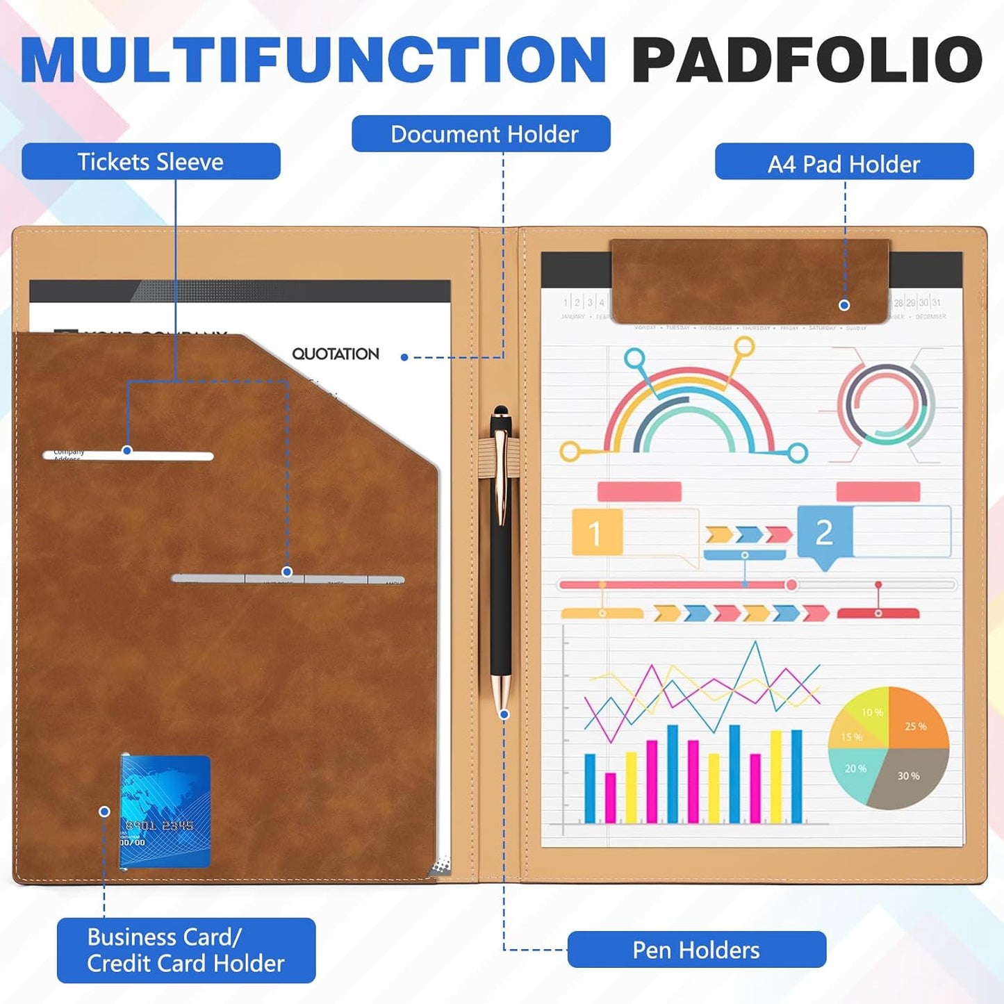 Personalized Padfolio Folder, Leather Custom Portfolio for Men & Women Resumes Office Business, A4 Portfolio Binder for Office College Resumes (Blue)