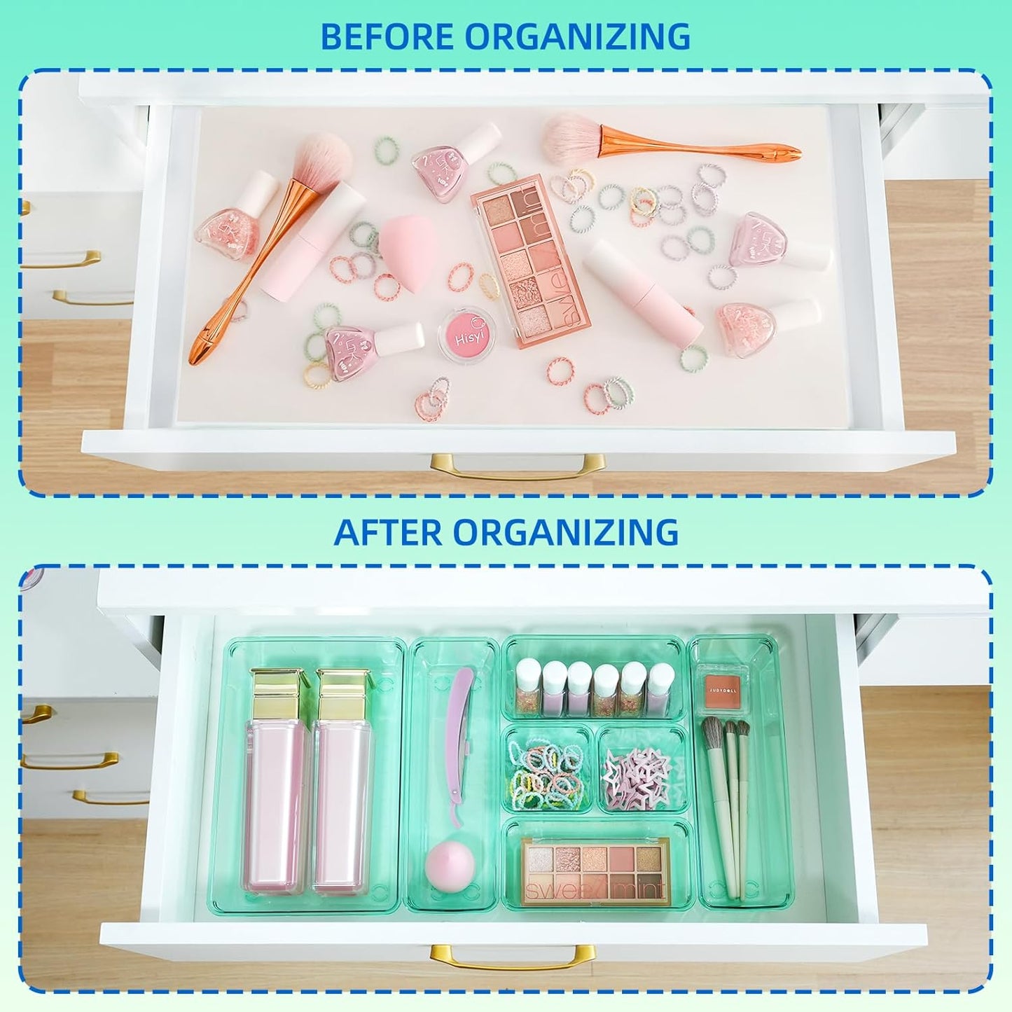 Kitchen Desk Drawer Organizers Storage for Office, Small Acrylic Vanity Trays Makeup for Drawer Bathroom Plastic Make up Organizers 25 Pcs Green