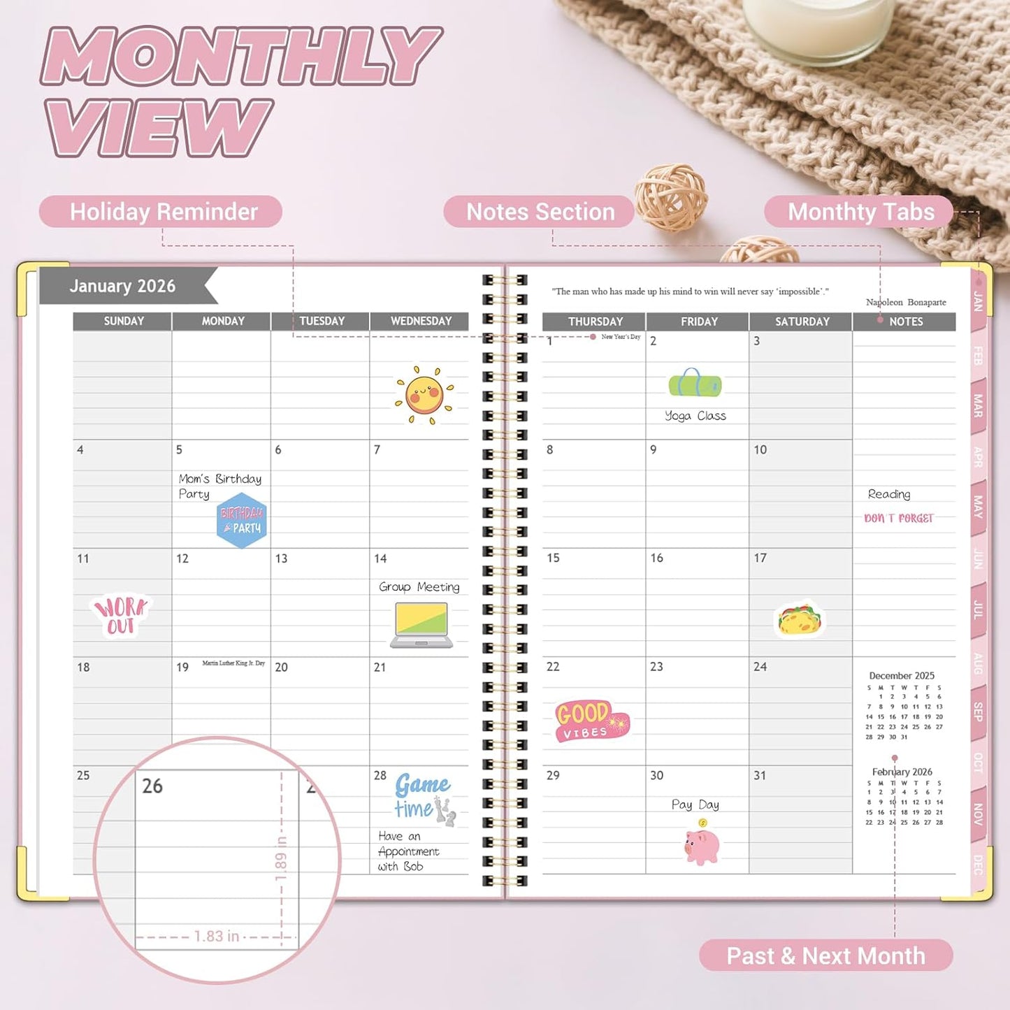 Academic Planner 2026 (8.5" x 11") - Weekly & Monthly Planner (Jan. 2026 - Dec. 2026), Column View Calendar Organizers, Hardcover Agenda Book with Tabs for Office & School, Pink