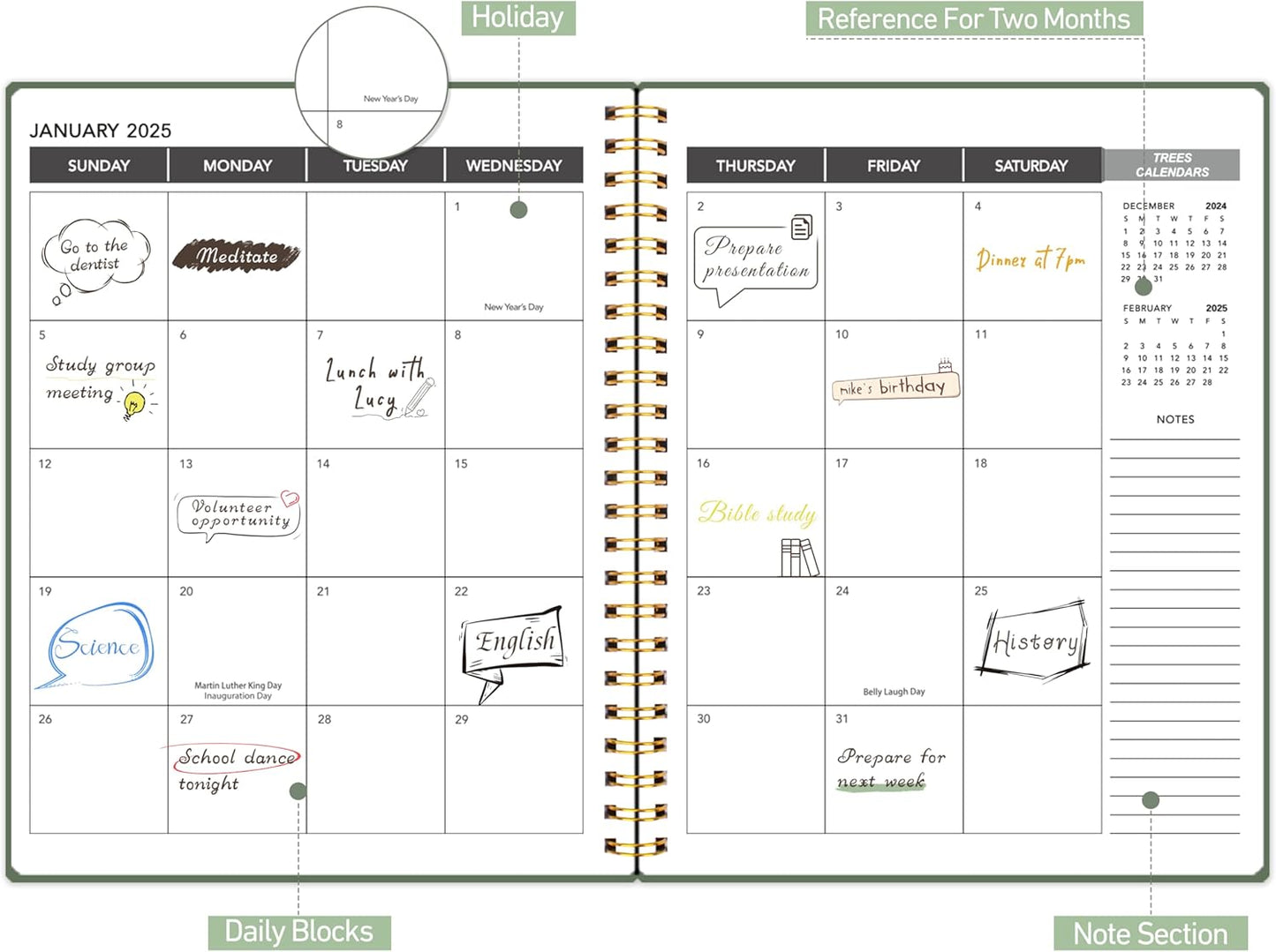 Appointment Planner 2025 - Daily Hourly Schedule Planner from 7am - 10 pm, Weekly & Monthly Hourly Appointment Book Calendar from Jan 2025 - Dec 2025, 9" x 11"-Green