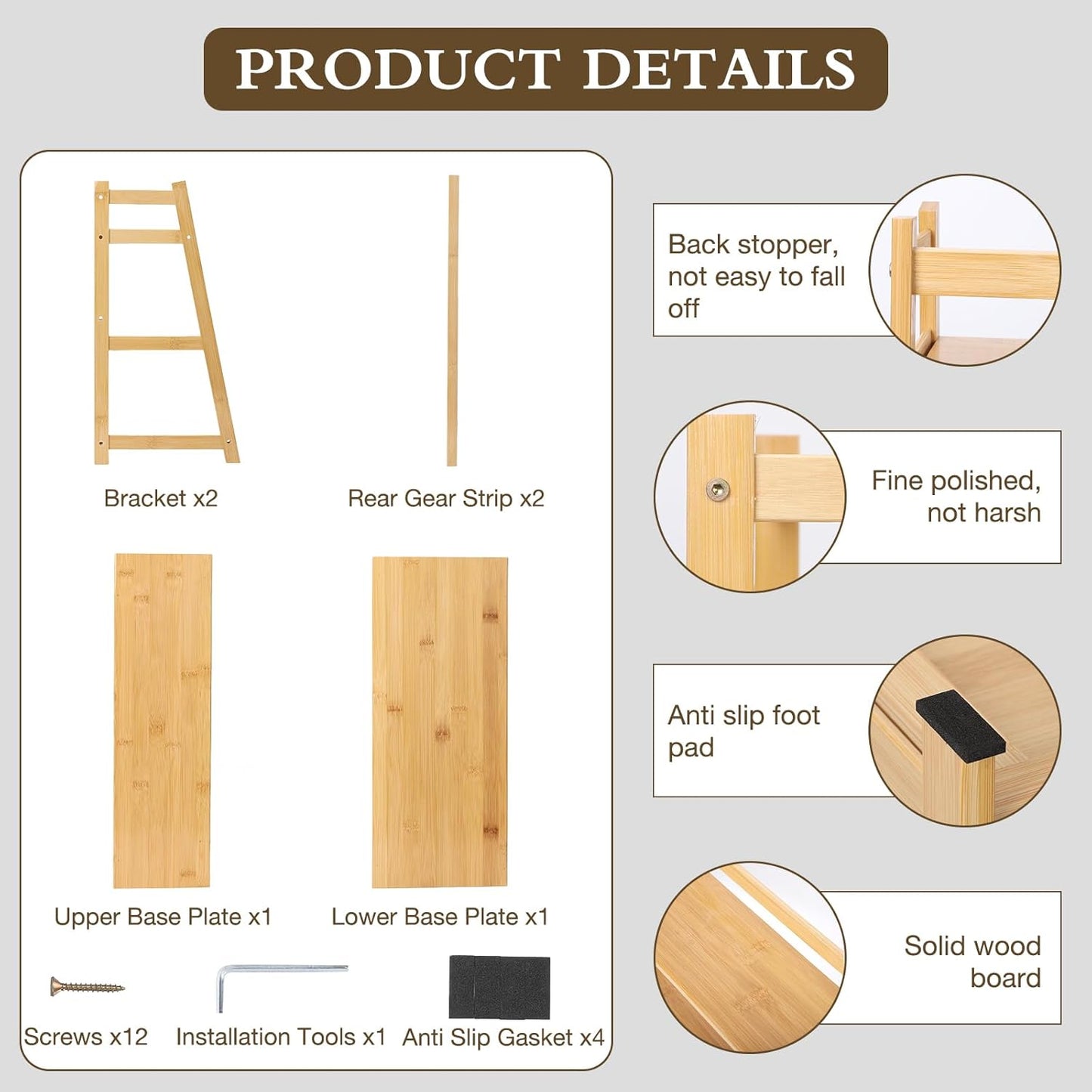 Countertop Organizer Bamboo Spice Rack 2-Tier Desktop Bookshelf Wooden Storage Stand for Kitchen, Office and Dorm, Desk Organizer for Books and Decor (Medium)