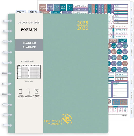 POPRUN Teacher Planner 2025-2026, (Disc-Bound Letter Size - 8.5'' x 11'') Academic Lesson Planner (Jul. 2025 - Jun. 2026) with Monthly Tabs, 2-Sided Pocket, Hardcover for Teachers, Green