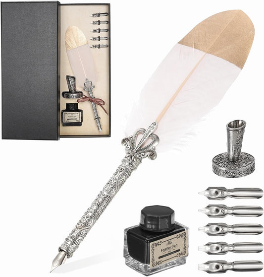PATIKIL Feather Quill Pen Set, 1 Set Vintage Feather Calligraphy Pen Fountain Dip Pen Set with Ink, Pen Holder and Replacement Nibs for Beginner Writer Writing Gift, Pink