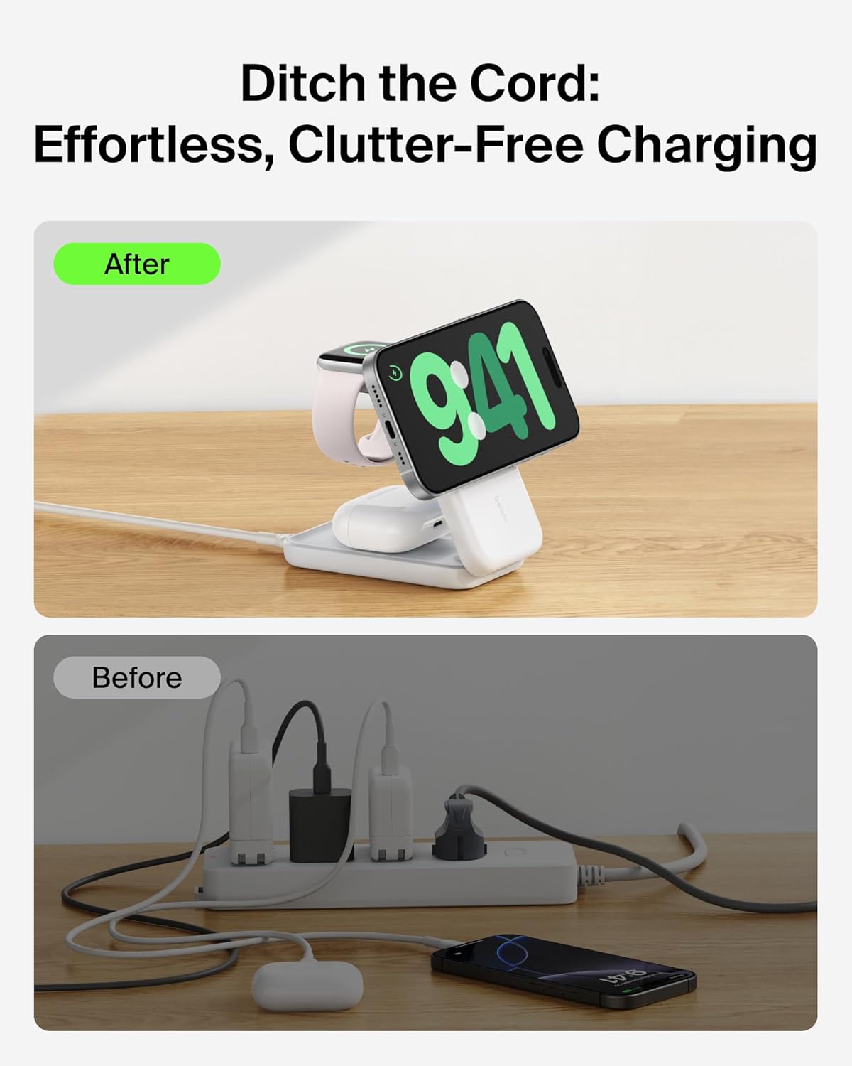 Belkin MagSafe Charger Compatible, 3-in-1 Charging Station, Qi2.2 25W Magnetic Wireless Charger Dock, Foldable Charging Stand for iPhone 17/16/15, Apple Watch, AirPods, Pixel 10 (45W Adapter Included)