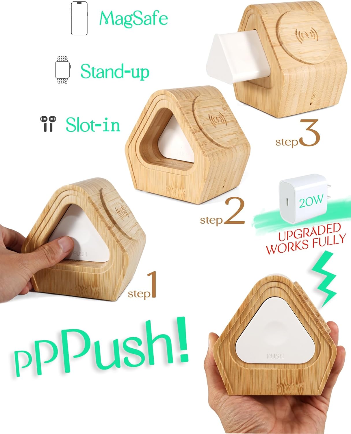 Bamboo Wireless Charging Station for Apple: 3-in-1 Charger Stand with Cabin Style for iPhone 16 15 14 13 12 Series, Apple Watch 10-2, Ultra, and AirPods 4-2, Pro, MagSafe Wireless Charger(20W Adapter)