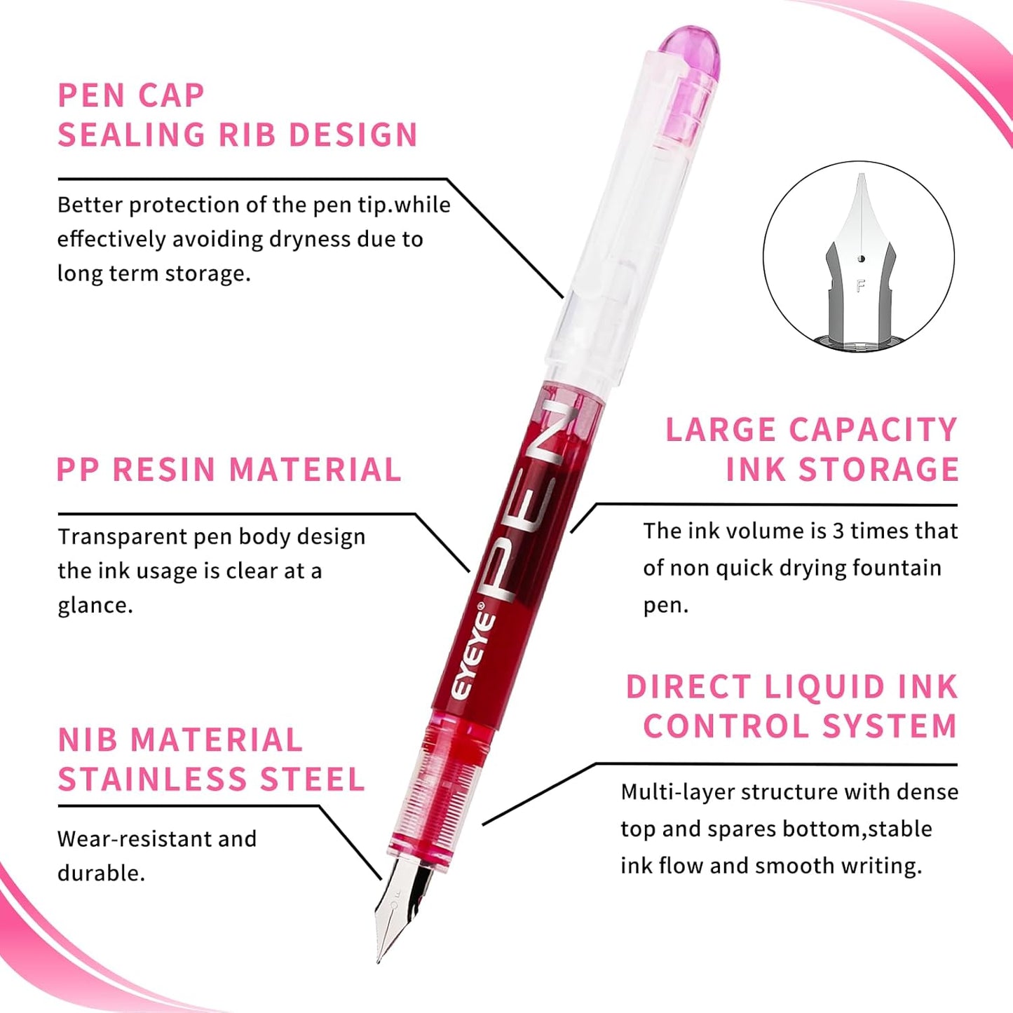 EYEYE Disposable Fountain Pens, 8 Pack Multicolor Fine Point Fountain Pens for Writing, Stainless Steel Nib, Smooth Writing for Calligraphy, Journaling, Drafting, Sketching, Doodling & Gifts