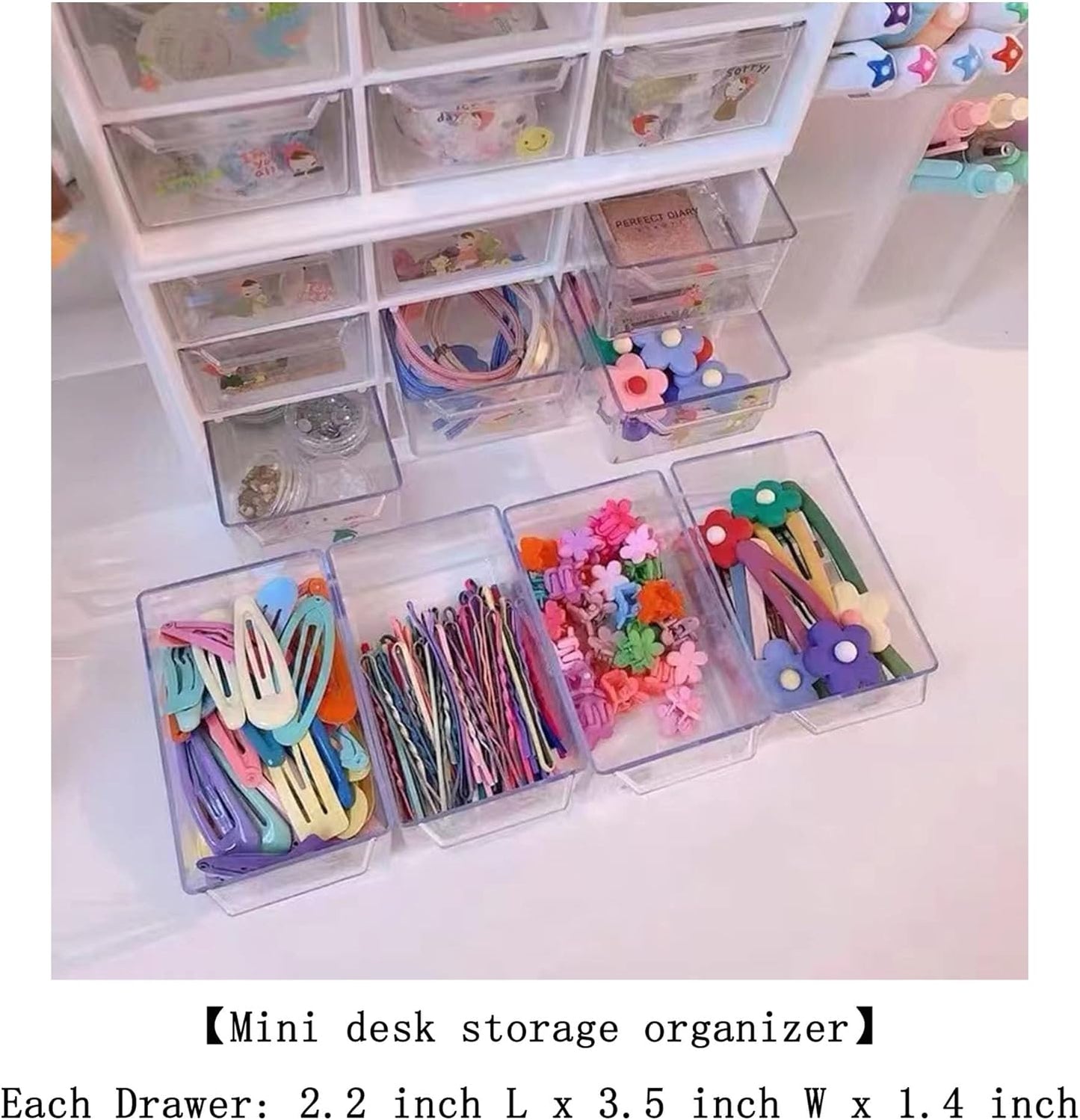 Feadily 2PCS Small Drawer Organizer for Desk, Desktop Drawer Organizer with 9 Clear Drawers, Plastic Desktop Storage Drawers 7.1 Inch x 3 .9 Inch x 4.7 Inch, Rose Red