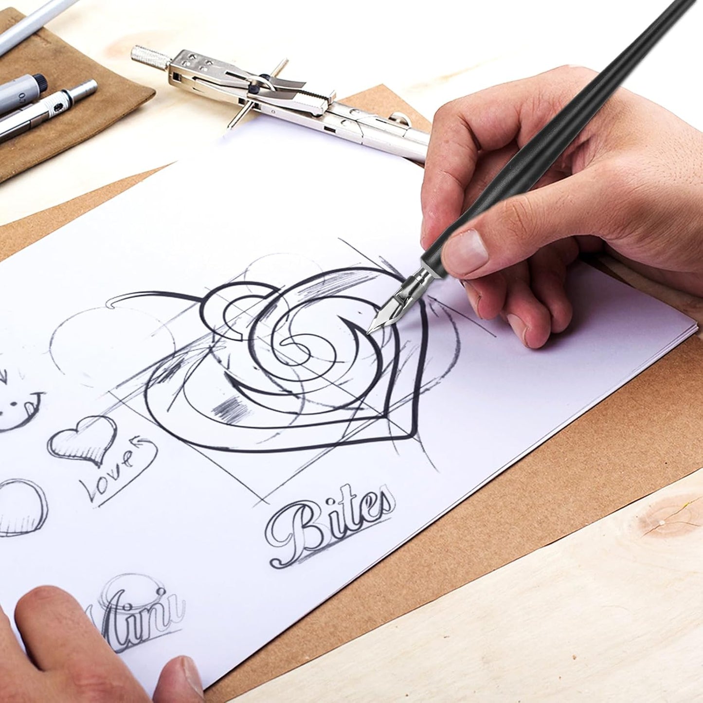 Oblique Calligraphy Pens Dip Set, Comic Pen Nib Set, Fluid Writer Pen, Calligraphy Dip Pen and Nibs Set Drawing with 5pcs Stainless Steel Pen Nibs Replacement Nibs Nib for Writing, Painting, Signing