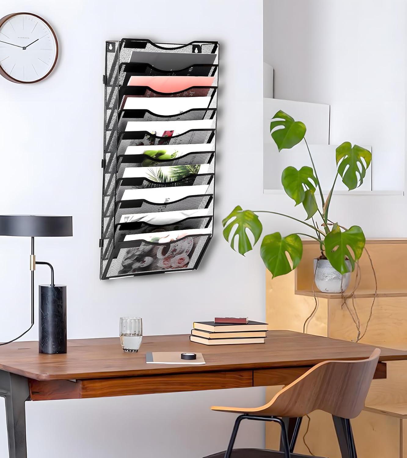 EasyPAG Wall File Holder Organizer 10 Pocket Mesh Hanging Wall Mounted Document Paper Folder Filing Magazine Rack with Nametag Label for Office Home School, Black