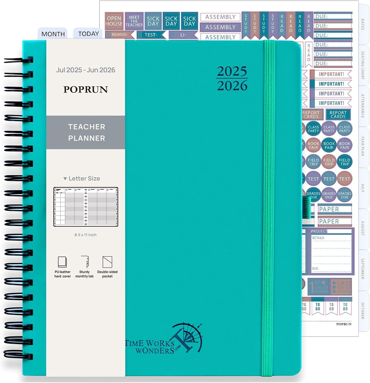 POPRUN Teacher Planner 2025-2026, (Letter Size - 8.5'' x 11'') Academic Lesson Planner (July 2025 - June 2026), with Monthly Tabs, Thick Papers, 2-Sided Pocket, Leather for Teachers, Turquoise Green