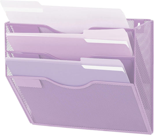 EASEPRES 3 Pocket Mesh Hanging Wall File Organizer, Wall Mounted Mail Paper Document Folder Holder, Clipboard Storage Organization Magazine Rack with Nametag Label for Office Home School, Light Purple