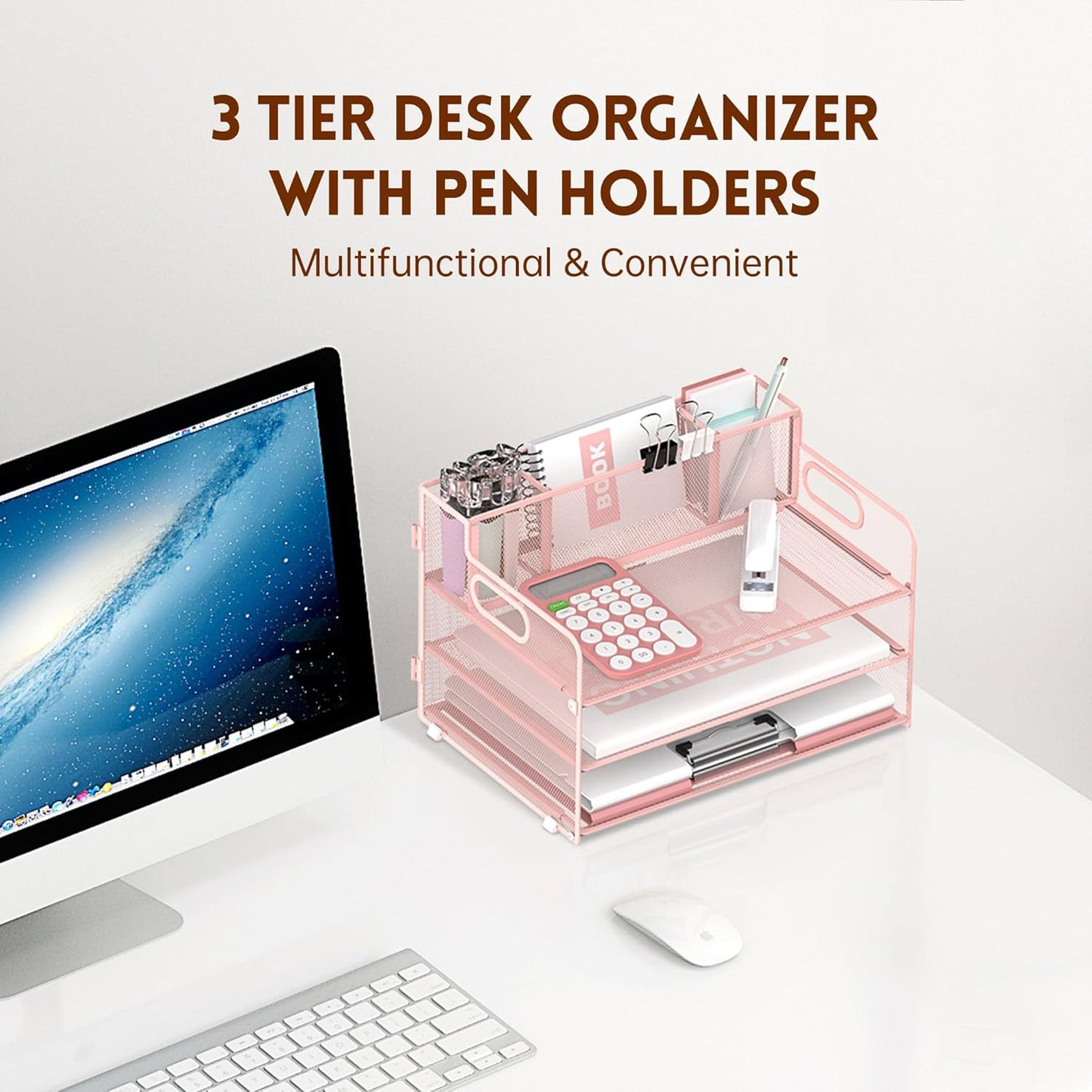 SUPEASY 3 Tier Desk Organizer with Handle & 3 Pen Holders, Mesh Paper/File Organizer for Desk, Paper Letter Tray Organizer for Office Supplies (Cute Pink)