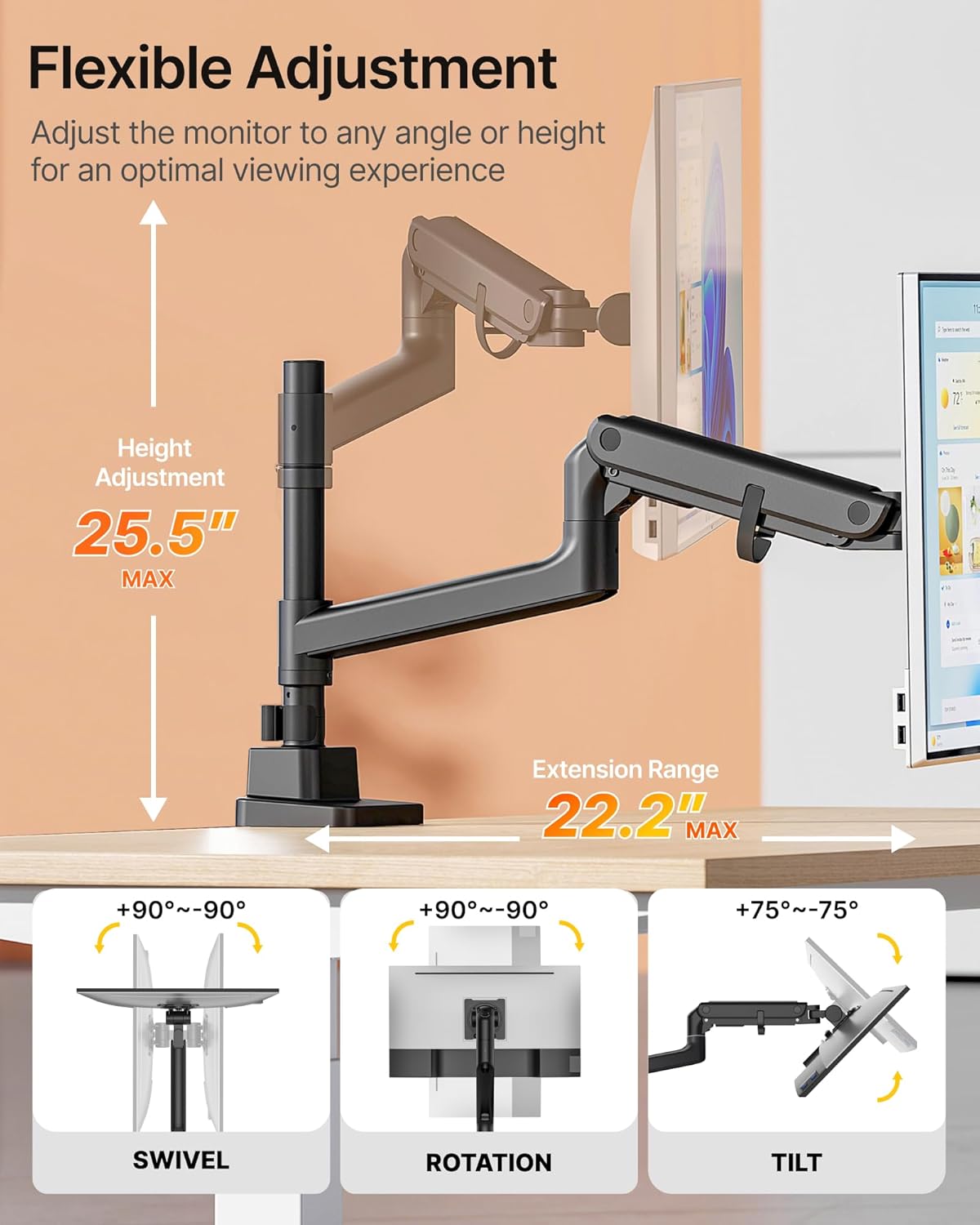 monTEK 17-57 Inch Ultrawide Monitor Arm for Up to 59.4lbs Screens, Aluminum Heavy-Duty Gas Spring Single Curved Screen Adjustable Monitor Stand,75/100mm Vesa Mount, Black