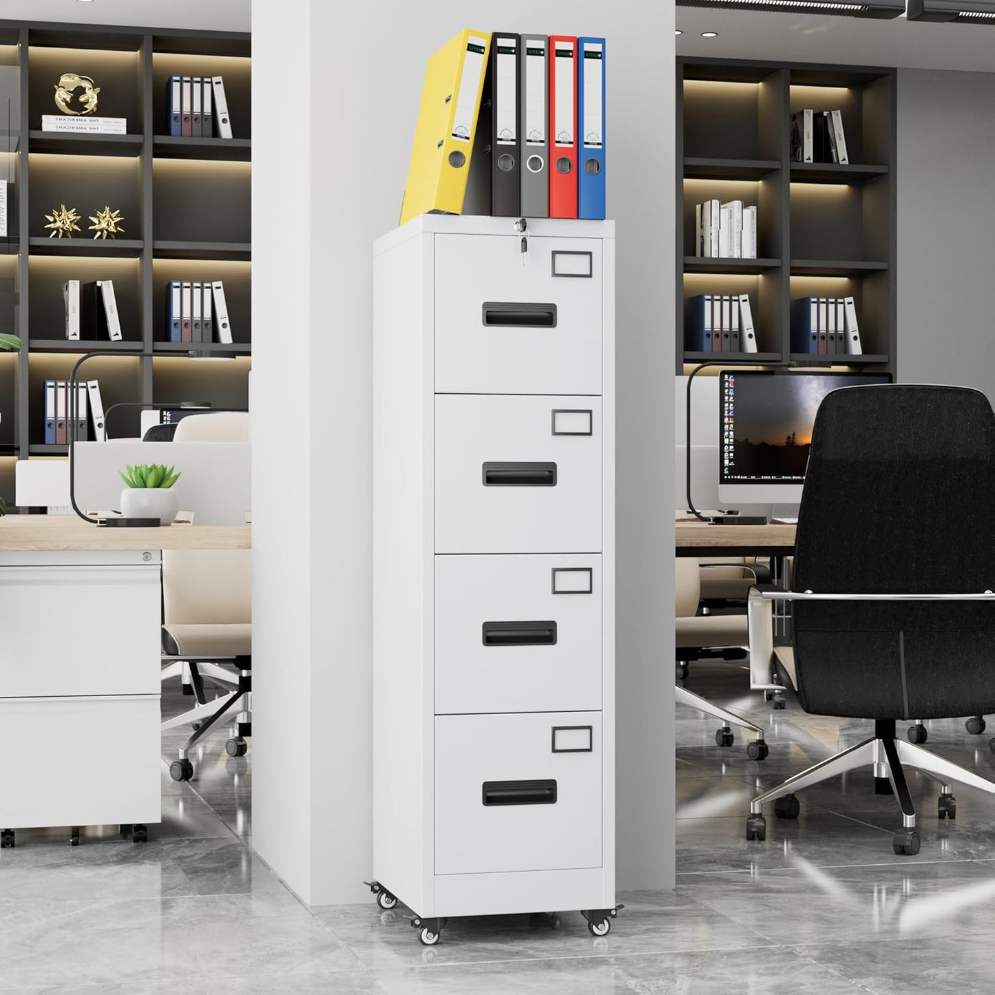 Aobabo 56" H 4 Drawer Moblie Office File Cabinet with Lock, Rolling Metal Filing Storage Cabinet, Legal/Letter A4 Size, White, Assembly Required