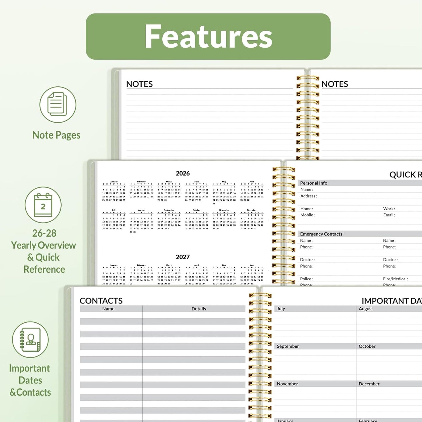 SUNEE 2026 Weekly and Monthly Planner - from January 2026 - December 2026, 6.4" x 8.3" Daily Agenda Planner with Monthly Tab, Flexible Cover, Note Pages, Pockets, Bookmark, Spiral Binding, Greenery