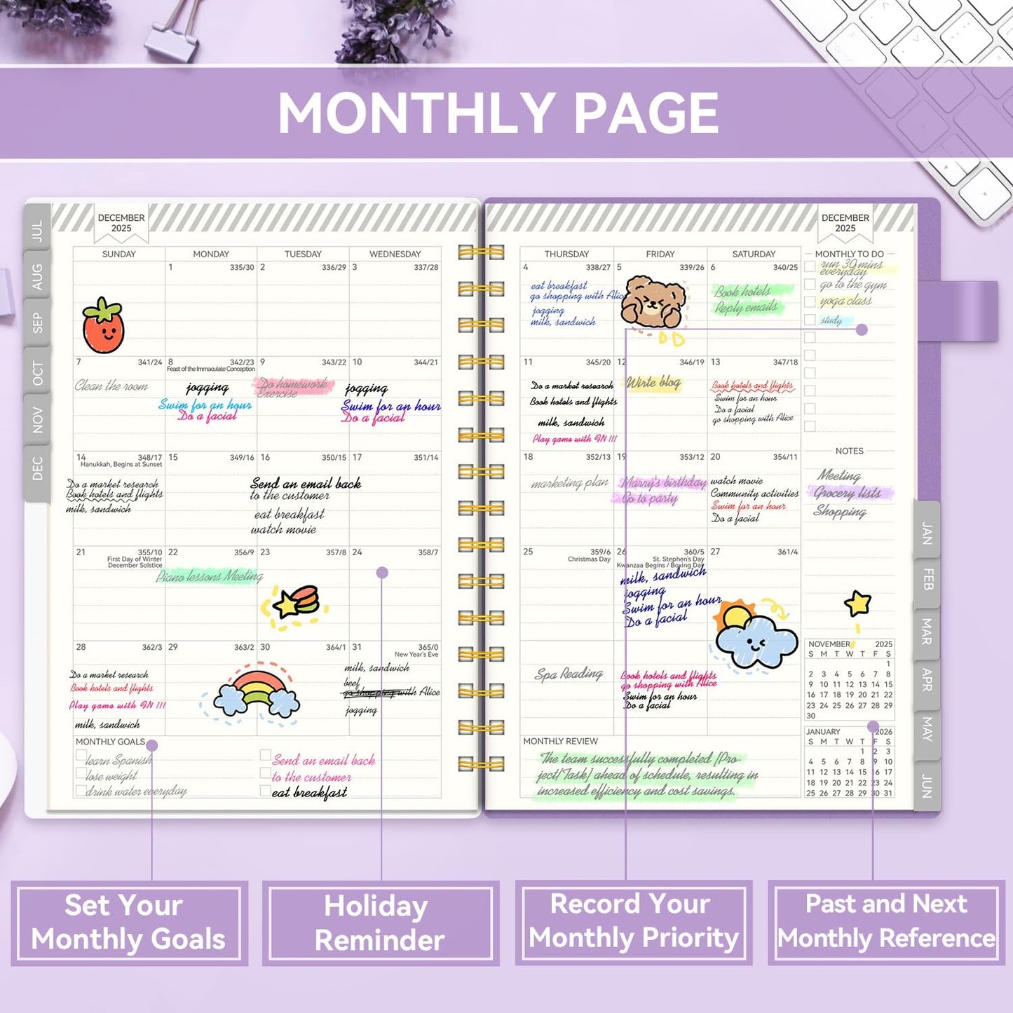 Planner 2025-2026, Academic Planners for Teacher & Student, AIMPEAK Weekly & Monthly Calendar Planner for Women, Daily Planners run from Jul.2025 - Jun.2026, Monthly Tabs, Spiral Binding, Purple Garland, 5.5"x8.5"