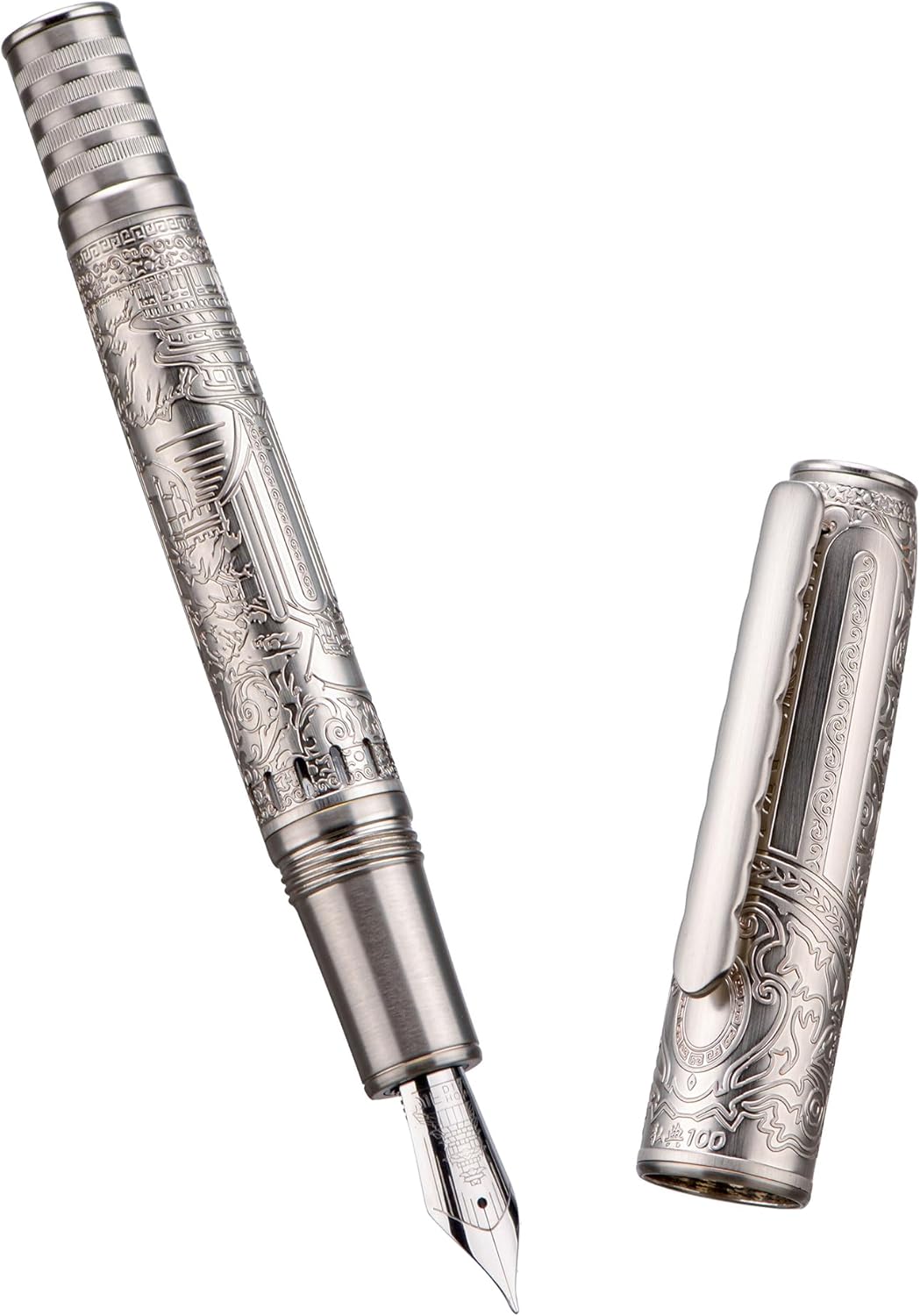 Hongdian 100 Silver Steel Piston Fountain Pen, Iridium Long Blade Fine Nib Calligraphy, Smooth Writing Pens, Nice Writing Pen for Men & Women