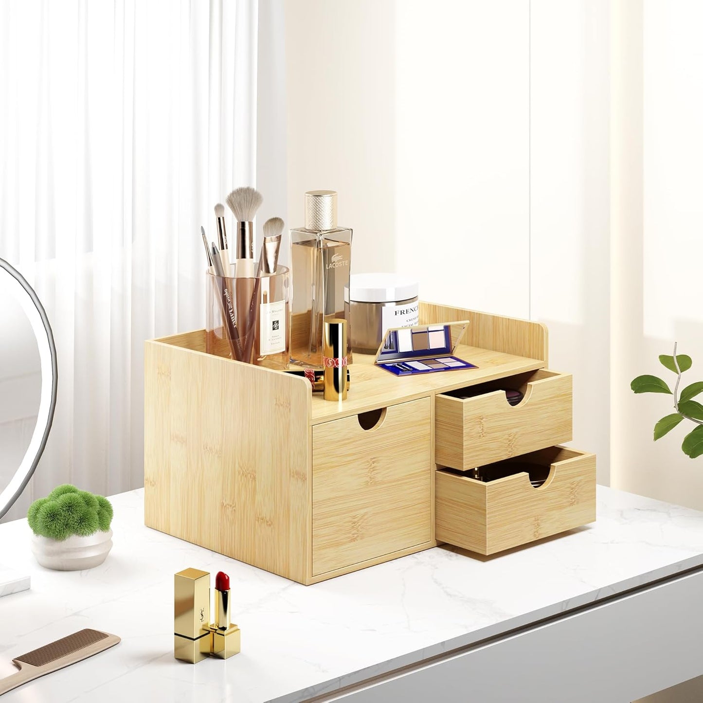 Desk Organizer with Drawers - Bamboo Desktop Organizer Storage | Wood Desk Drawers Organizer for Bills, Office Supplies, Cosmetics, Seals No Assembly Required (3 Drawer with Big Drawer)