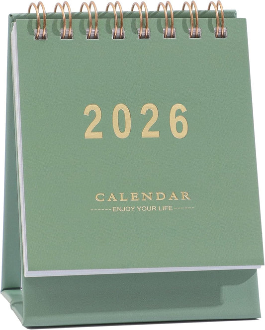 Mini Desk Calendar 2025-2026 - Runs From July 2025 until Dec 2026 Monthy Small Desktop Calendar 250 GSM Thick Paper Twin-Wire Binding for Home or Office (Green)