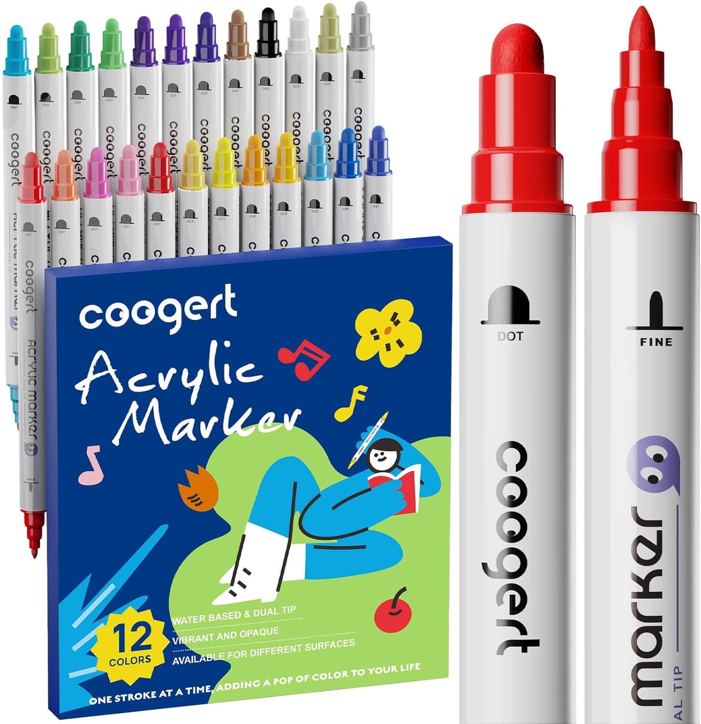 12 Colors Dual Tip Acrylic Paint Markers,Fine Tip and Dot Tip Acrylic Paint Pens For Rock Painting, Canvas, Wood, Glass, Ceramic, Fabric, Plastic, Egg, Art Painting Supplies Kit