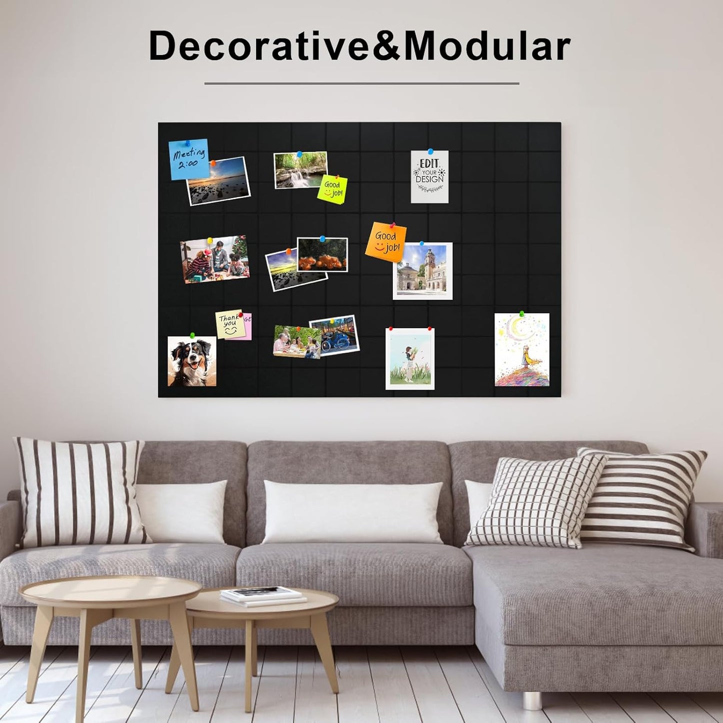 12 Pack Large Cork Board for Walls, 48" X 36" Felt Bulletin Board Tiles with 48 Safe Removable Adhesive Tabs & 60 Push Pins Board Decorative Cork Board Tack Board Wall Organizer for Office - Black