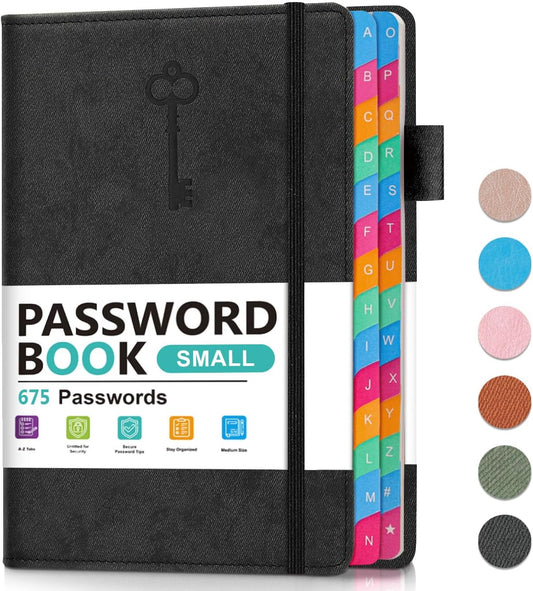 Small Password Keeper Book with Colorful Alphabetical Tabs, Hardcover Password Log-book for Internet Password and Website Address, 4.1"×6.2" Password Notebook for Home Office (Black)