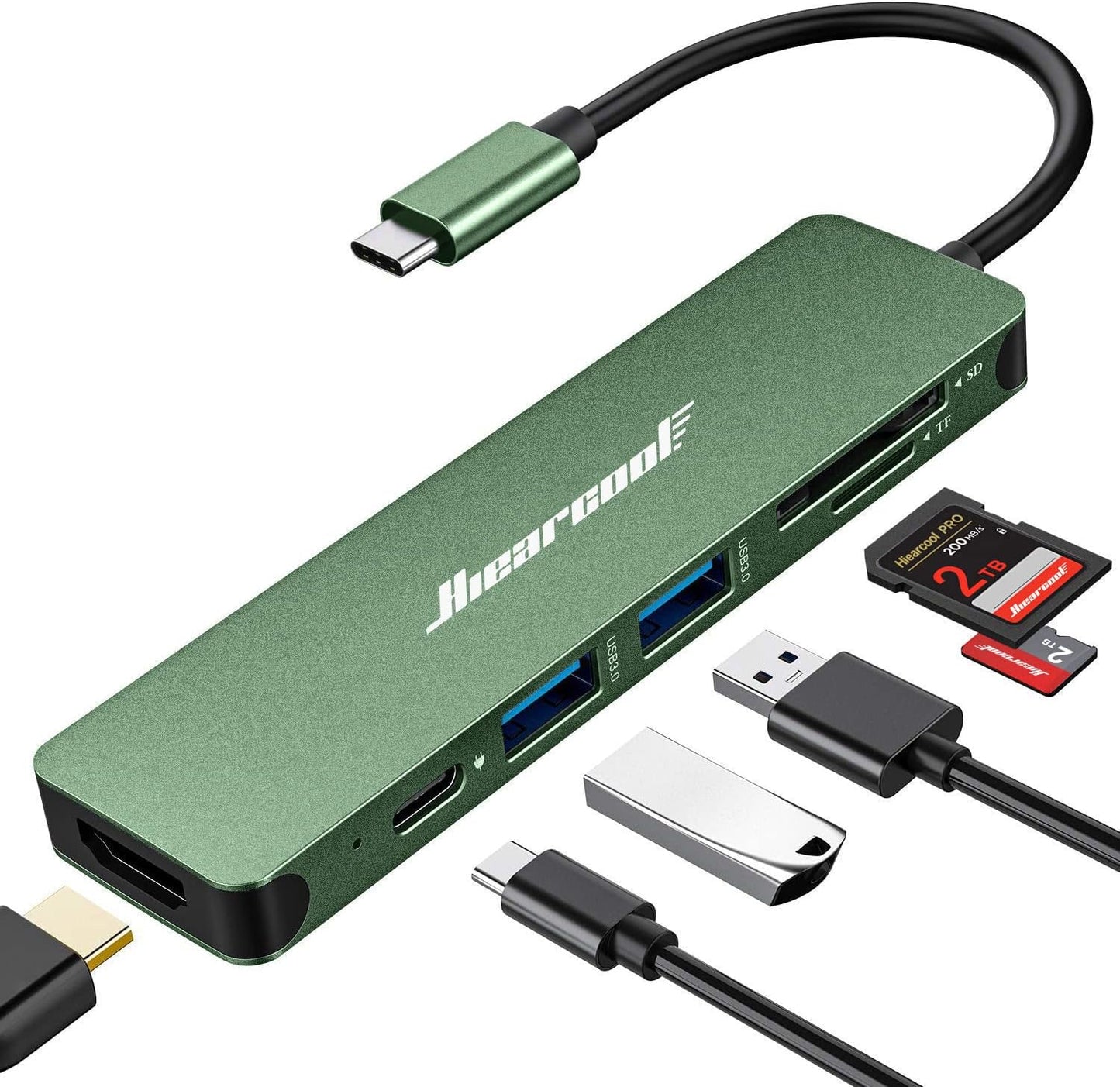 Hiearcool USB C Hub, USB-C Adapter, 7 in 1 USBC to HDMI Multi-Port Adapter Dongle Compatible for Thunderbolt 3 4 MacBook Pro Air Dell Lenovo HP Laptops and Other Type C Devices-Green