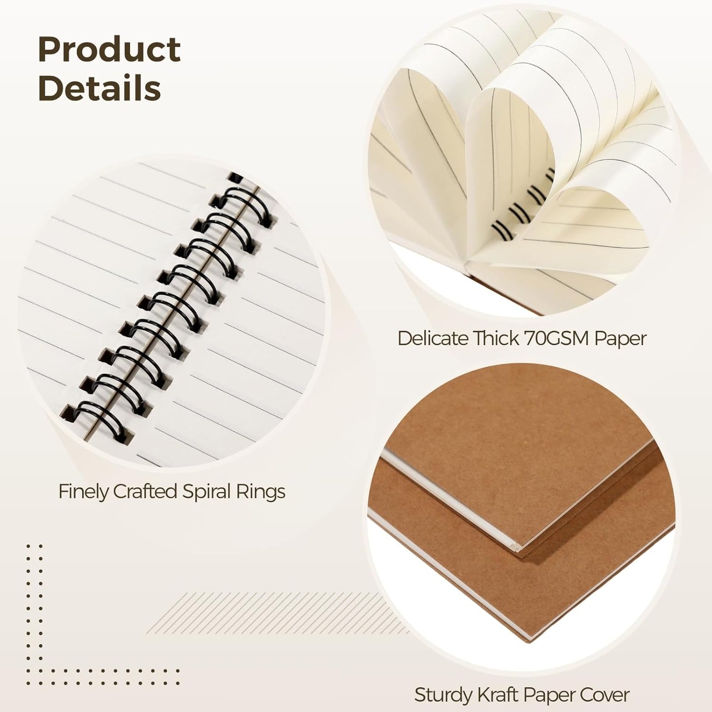 Lnrueg 48 Pcs A5 Spiral Notebooks - Brown Kraft Paper Cover Notebooks, Hardcover Lined Notebooks, Sturdy Travel Journals with Smooth 70GSM Paper for School, Office, Travel, 100 Pages