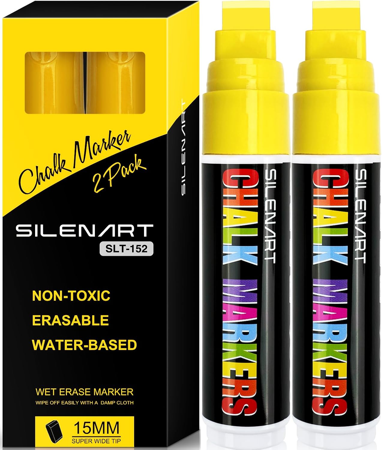 SILENART Yellow Chalk Markers 2 Pack - 15mm Super Wide Tip - White Dry Erase Markers Pen