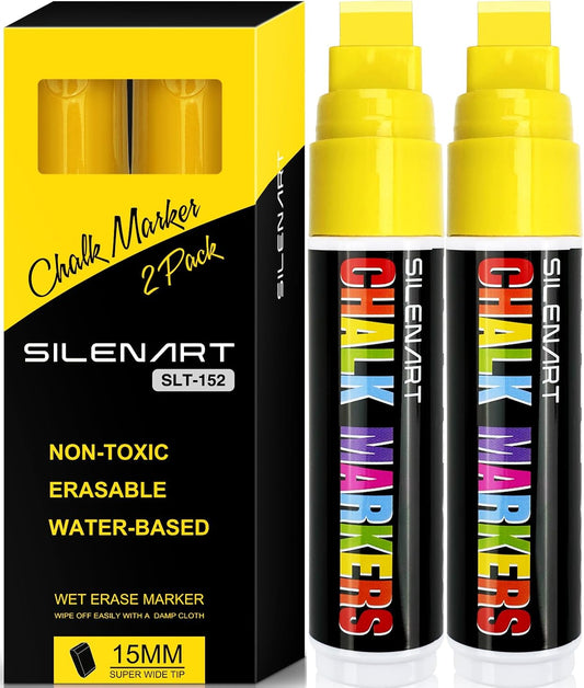SILENART Yellow Chalk Markers 2 Pack - 15mm Super Wide Tip - White Dry Erase Markers Pen