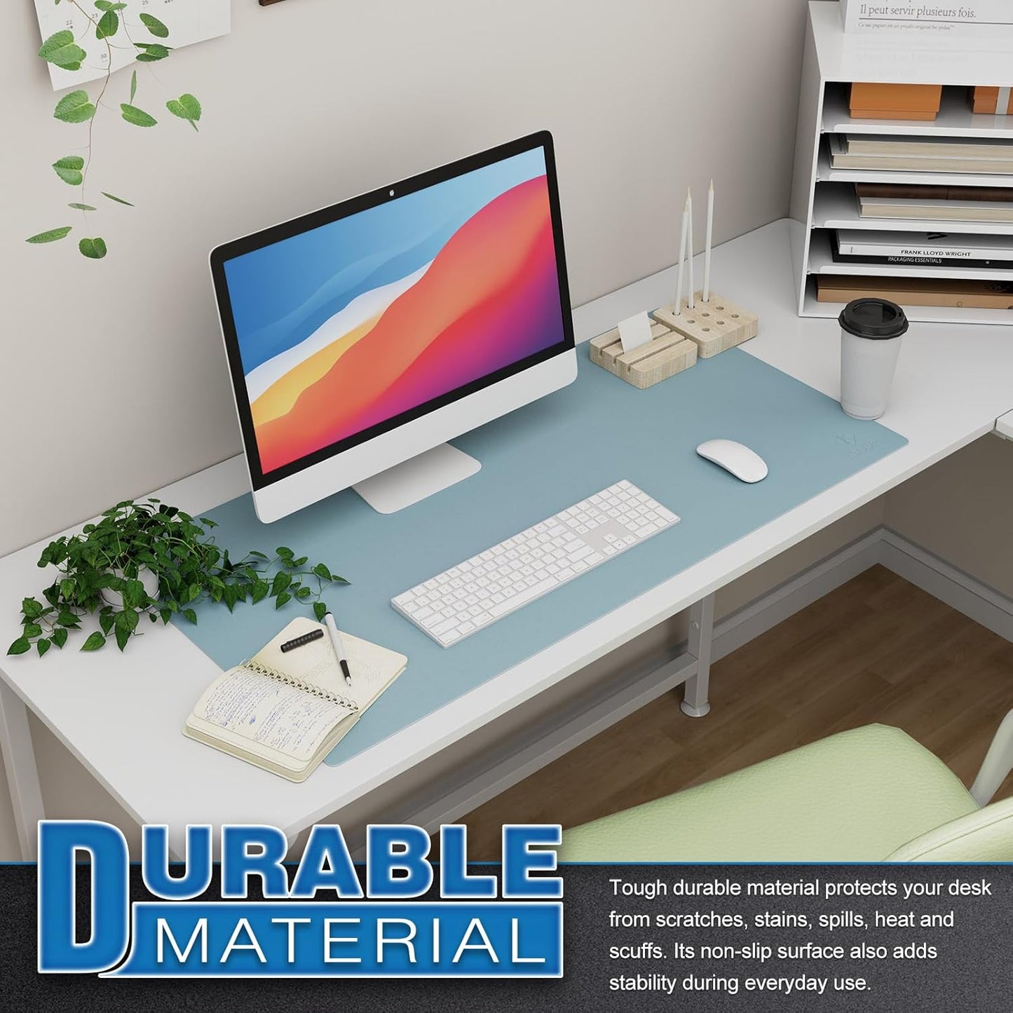 K KNODEL Large Office Leather Desk Mat, Mouse and Keyboard Pad, Computer and Laptop Mat, Desktop Protector and Cover, Writing Pad and Blotter (31.5"x15.7", Light Blue)