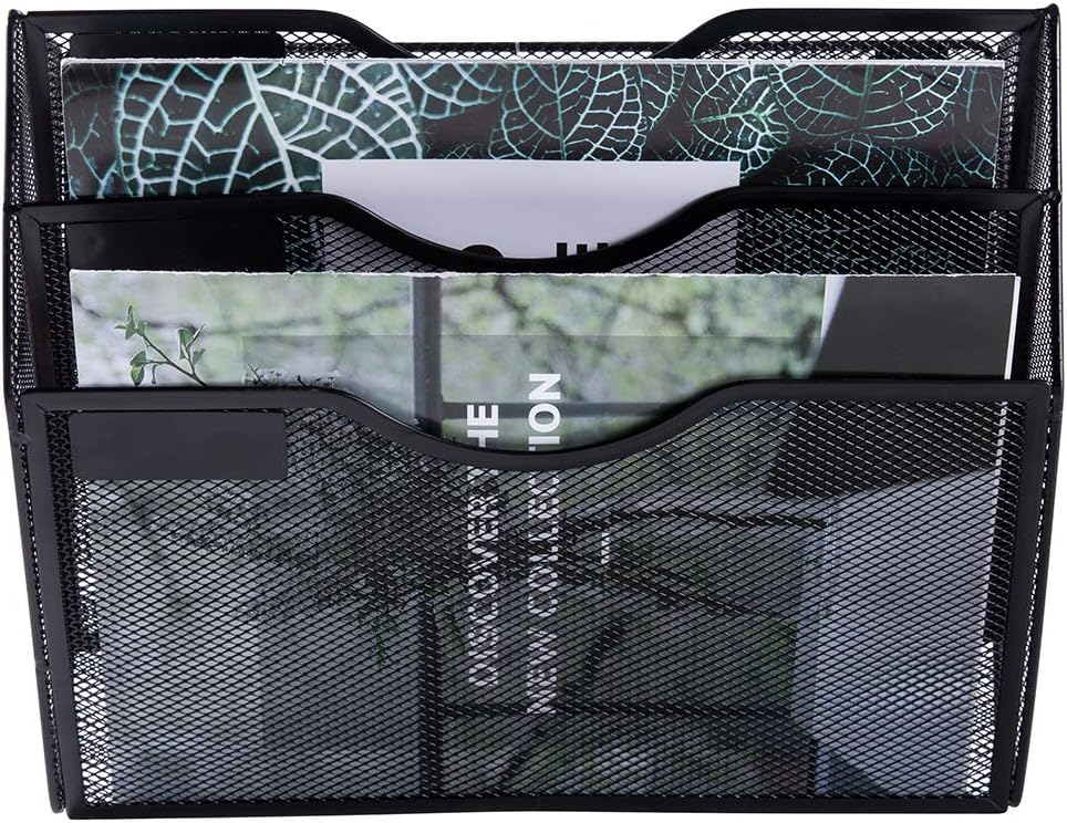 EASEPRES 3 Pocket Mesh Hanging Wall File Organizer, Wall Mounted Mail Paper Document Folder Holder, Clipboard Storage Organization Magazine Rack with Nametag Label for Office Home School, Black