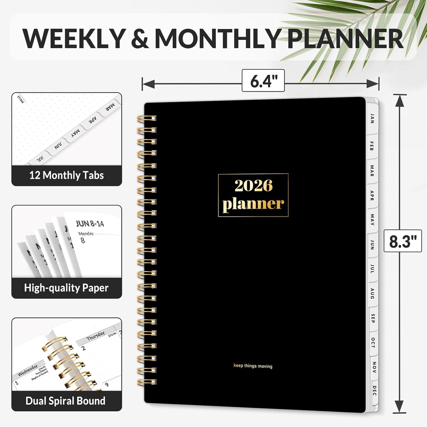 SUNEE Planner 2026 Weekly and Monthly, January 2026-December 2026, 6.4"x8.3", Tabs, Note Pages,Spiral Binding, Black