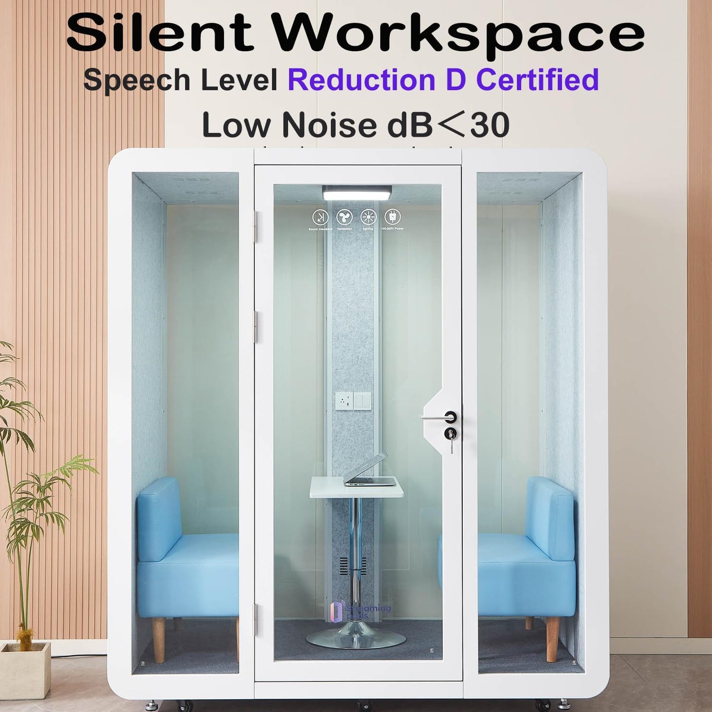 Mobile Office Pod Booth, Sound Pod, Large Space SoundProof Pod 2-4 People, Sound Booth Mobile Roller, LED Lighting, Centrifugal Fans and AC USB Ports - for 2-4 Persons White