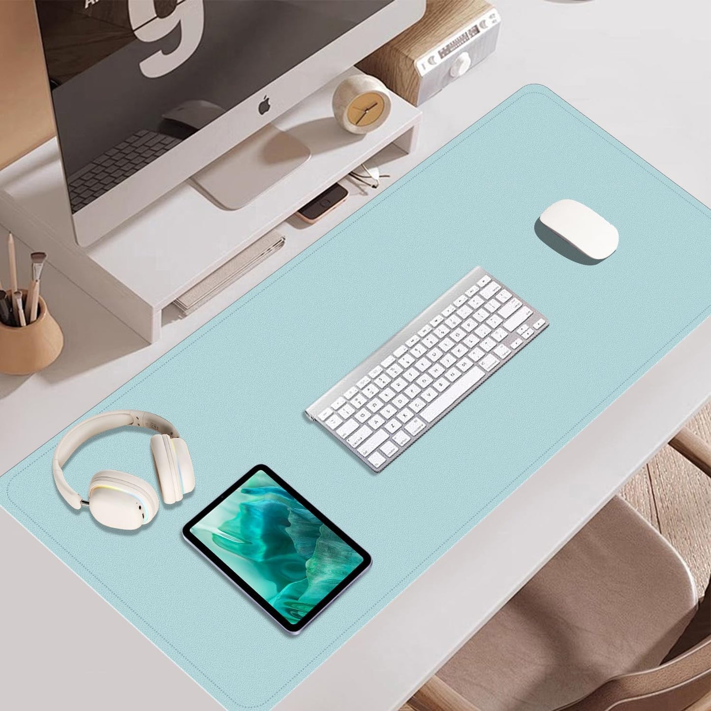 Non Slip Desk Mat, 31.5" x 15.7" PU Leather Desk Pad, Cork Desk Mat for Desktop, Desk Pad for Keyboard and Mouse, Ideal for Office and Home, Light Blue