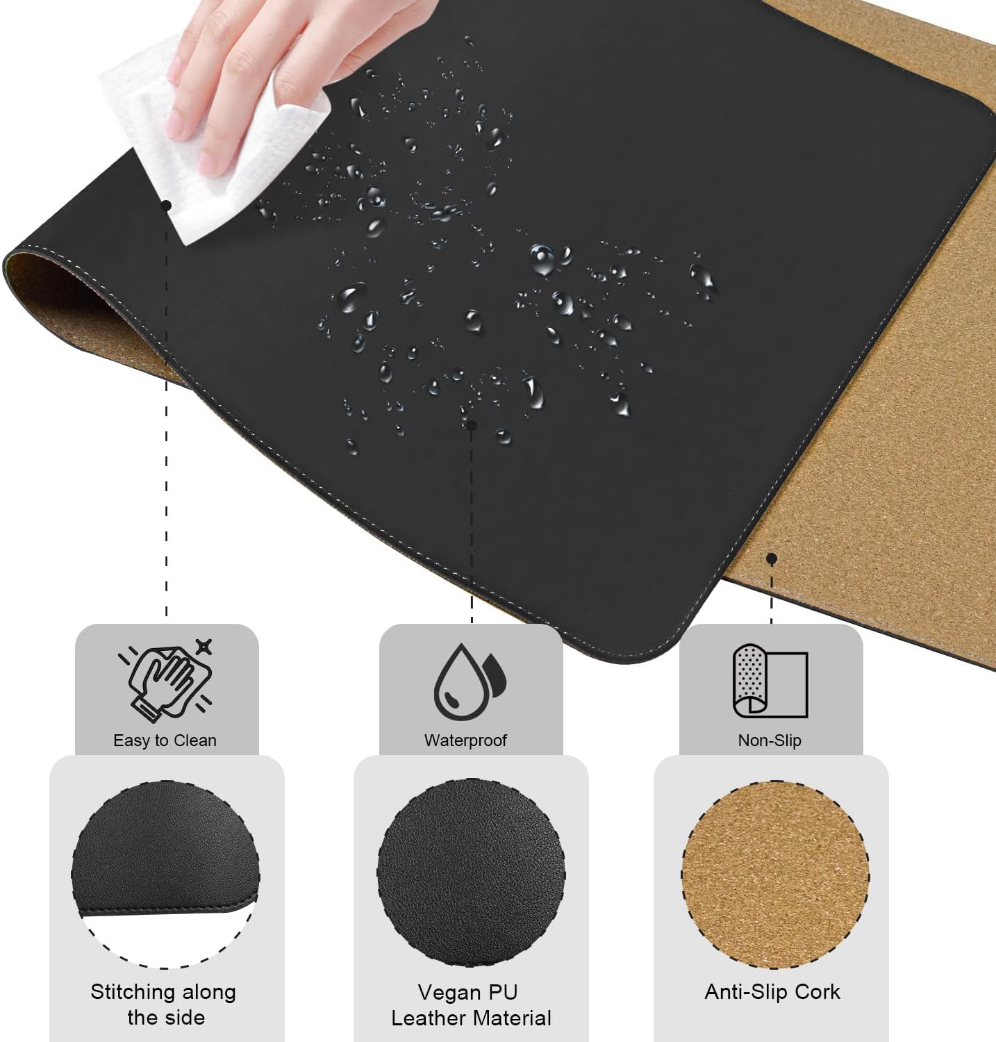 Large Desk Pad 35.4" x 17", Non-Slip Desk Mat with PU Leather & Natural Cork, Waterproof Writing Desk Natural Cork, Computer Mat Desk Protector for Office Home, Black