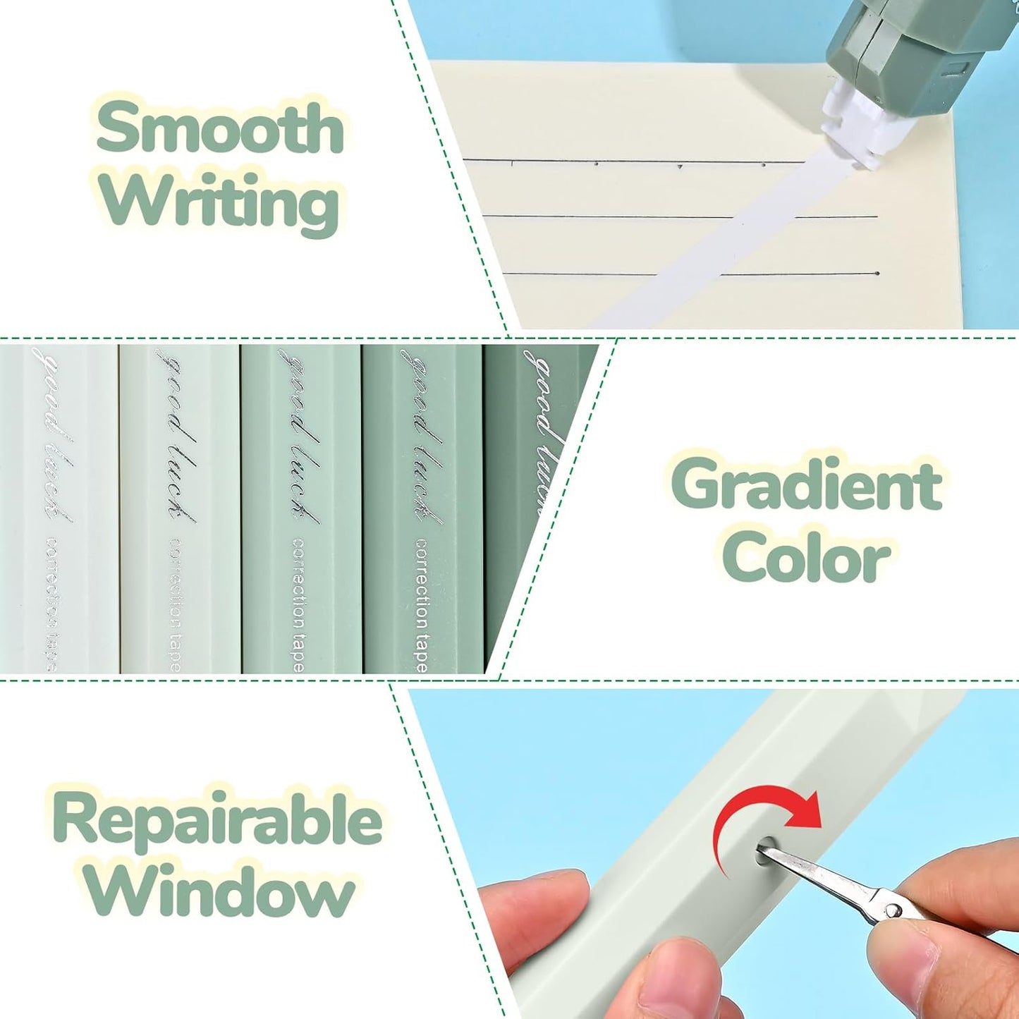 Temiary 5 Pcs White Correction Tapes, Aesthetic Correction Tape Pens Smooth Pull Out, Easy to Use Pen Shaped Applicator for Students School Office Supplies (Green)
