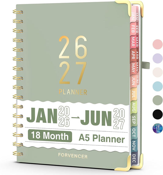 Forvencer Planner 2026-2027, 18 Month Weekly and Monthly Calendar Planner, Jan 2026 -June 2027, 6.3" x 8.4", Daily Agenda Book with Tabs, College Organizer Notebook, School Supplies for Student Teacher Classroom, A5, Green