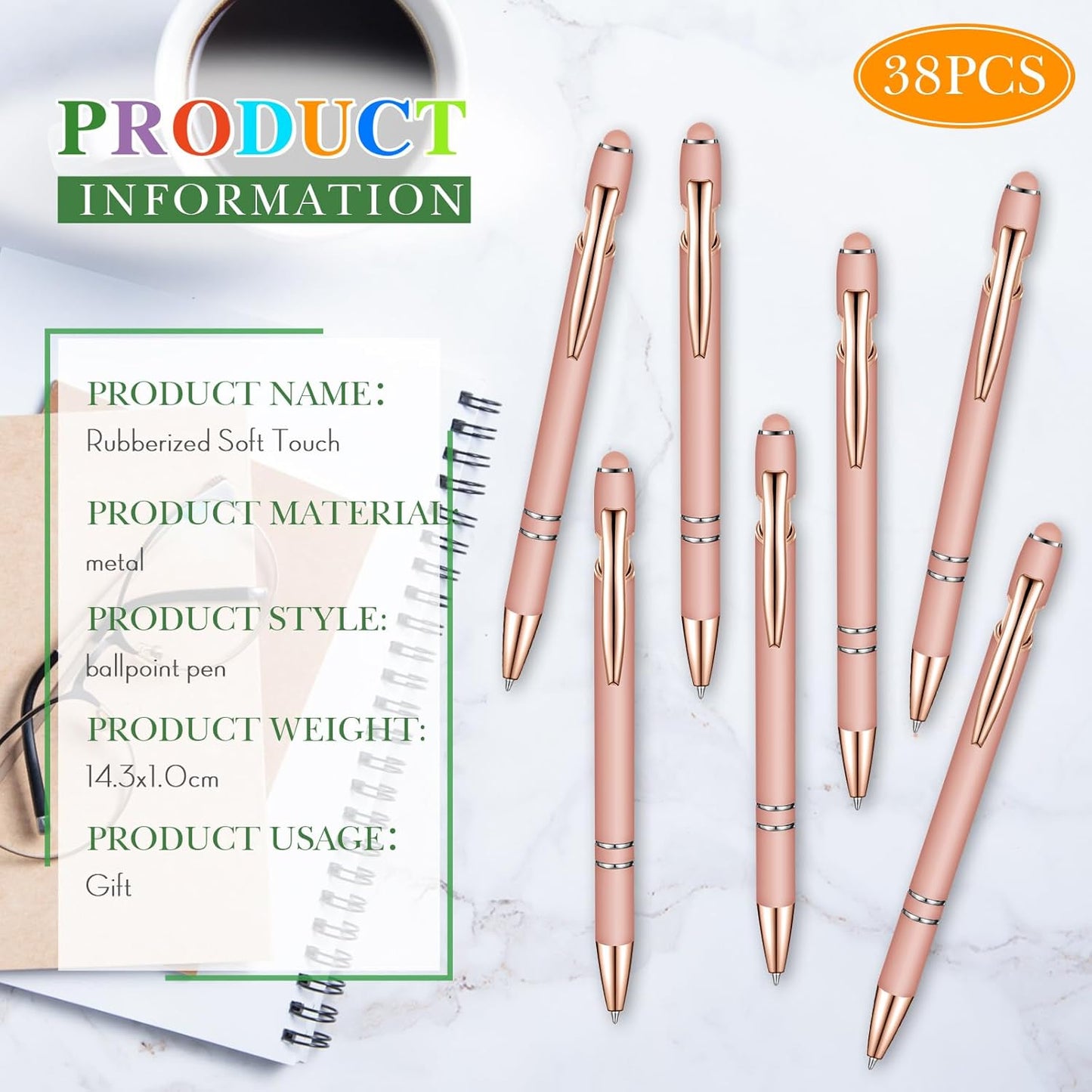 Zonon 38 Pieces Rubberized Ballpoint Pen with Stylus Tip Stylish Metal Pen Capacitive Styli with Soft Rubberized Grip, Black Ink for Most Devices(Rose Gold)