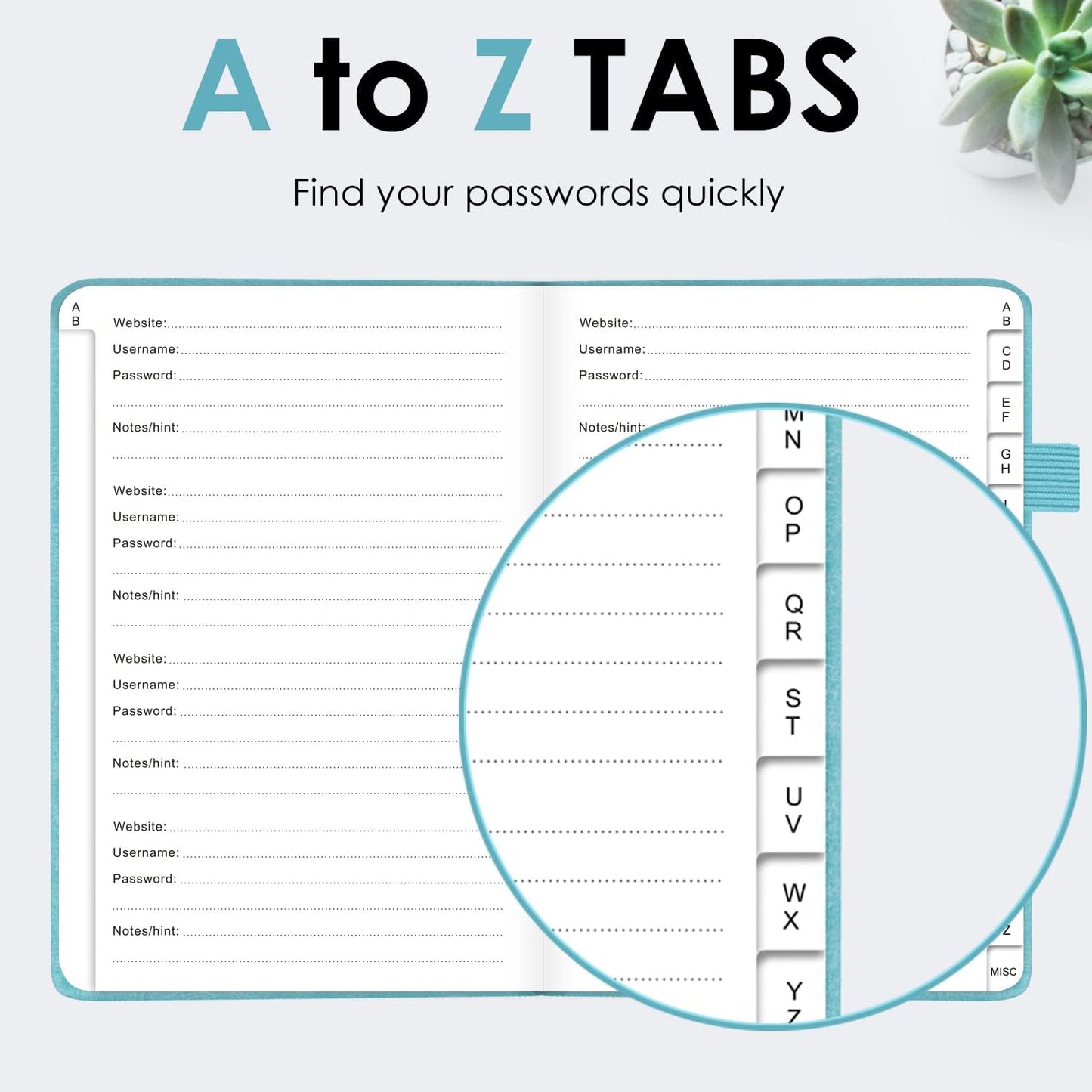 Elegant Password Book with Alphabetical Tabs - Hardcover Password Book for Internet Website Address Login - 5.2" x 7.6" Password Keeper and Organizer w/Notes Section & Back Pocket (Turquoise)
